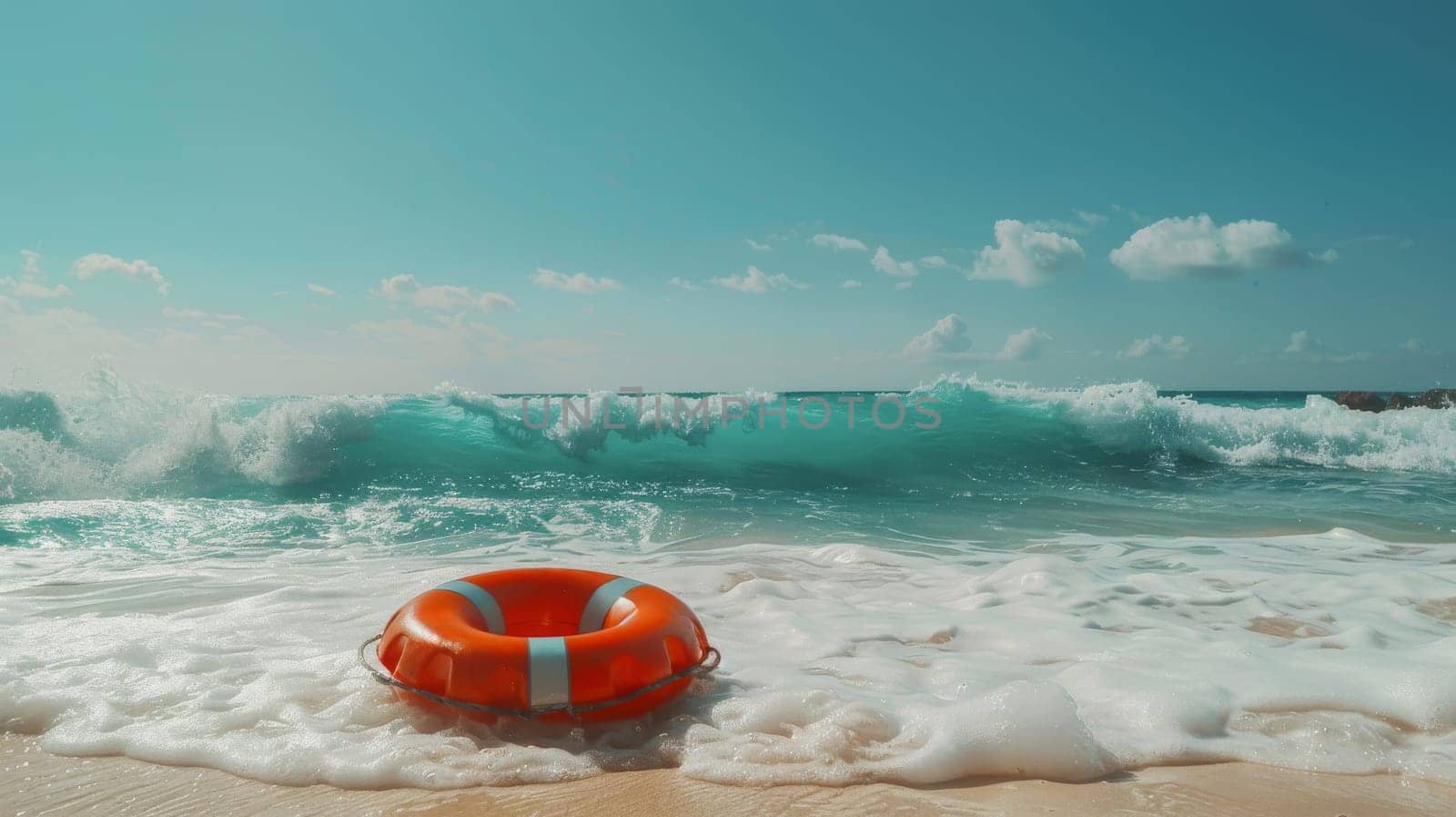 Orange lifebuoy on sandy beach with turquoise waves, safety and relaxation concept.