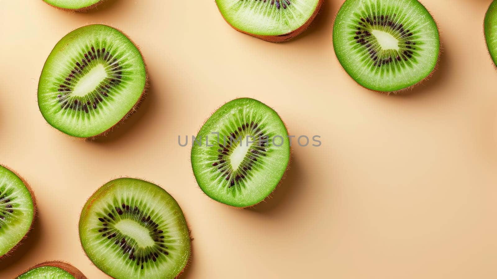Slices of kiwi on a beige background, flat lay. Fresh and healthy fruit concept.