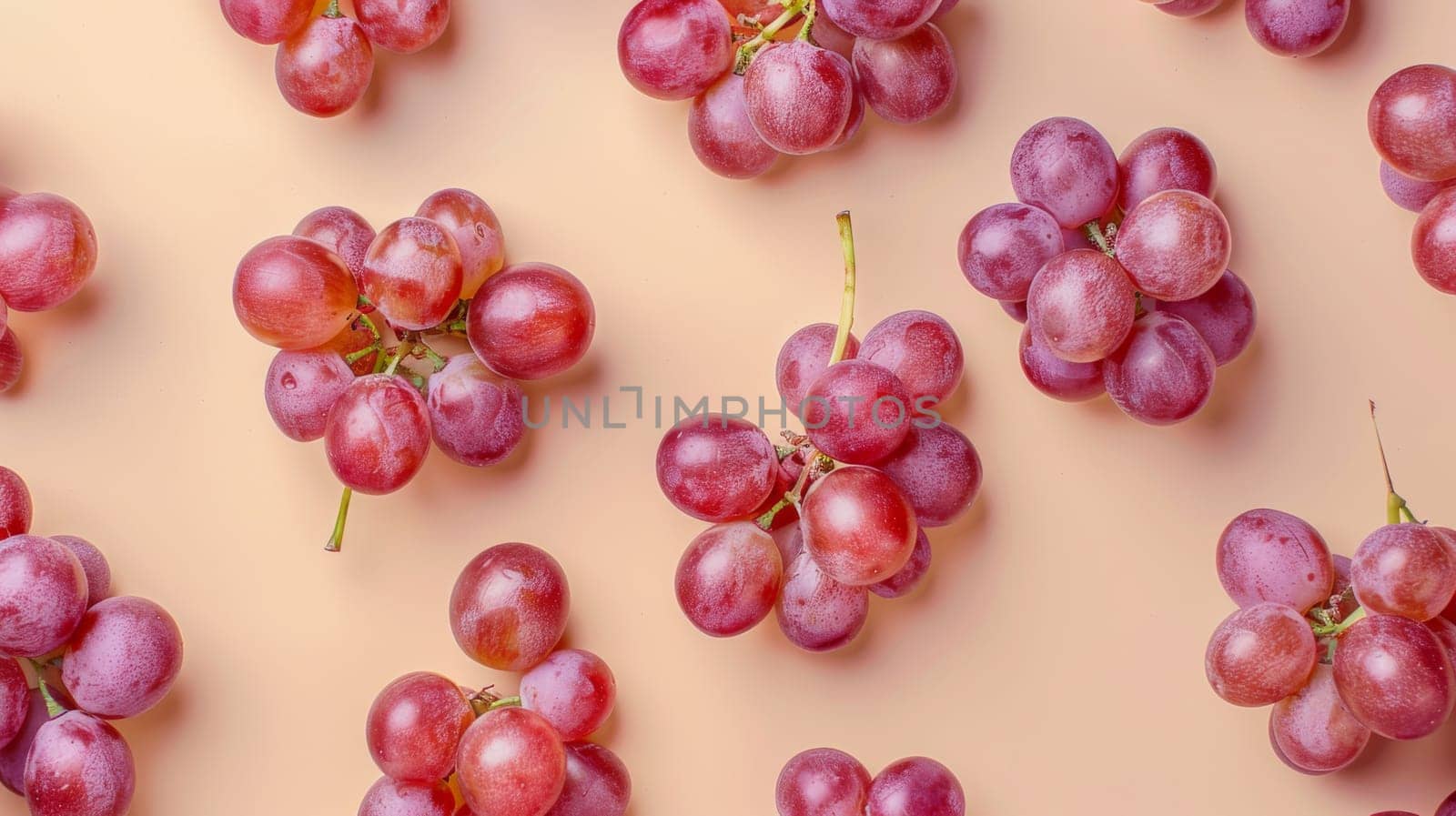 Red grapes on pastel background, top view. Fresh fruit pattern concept.