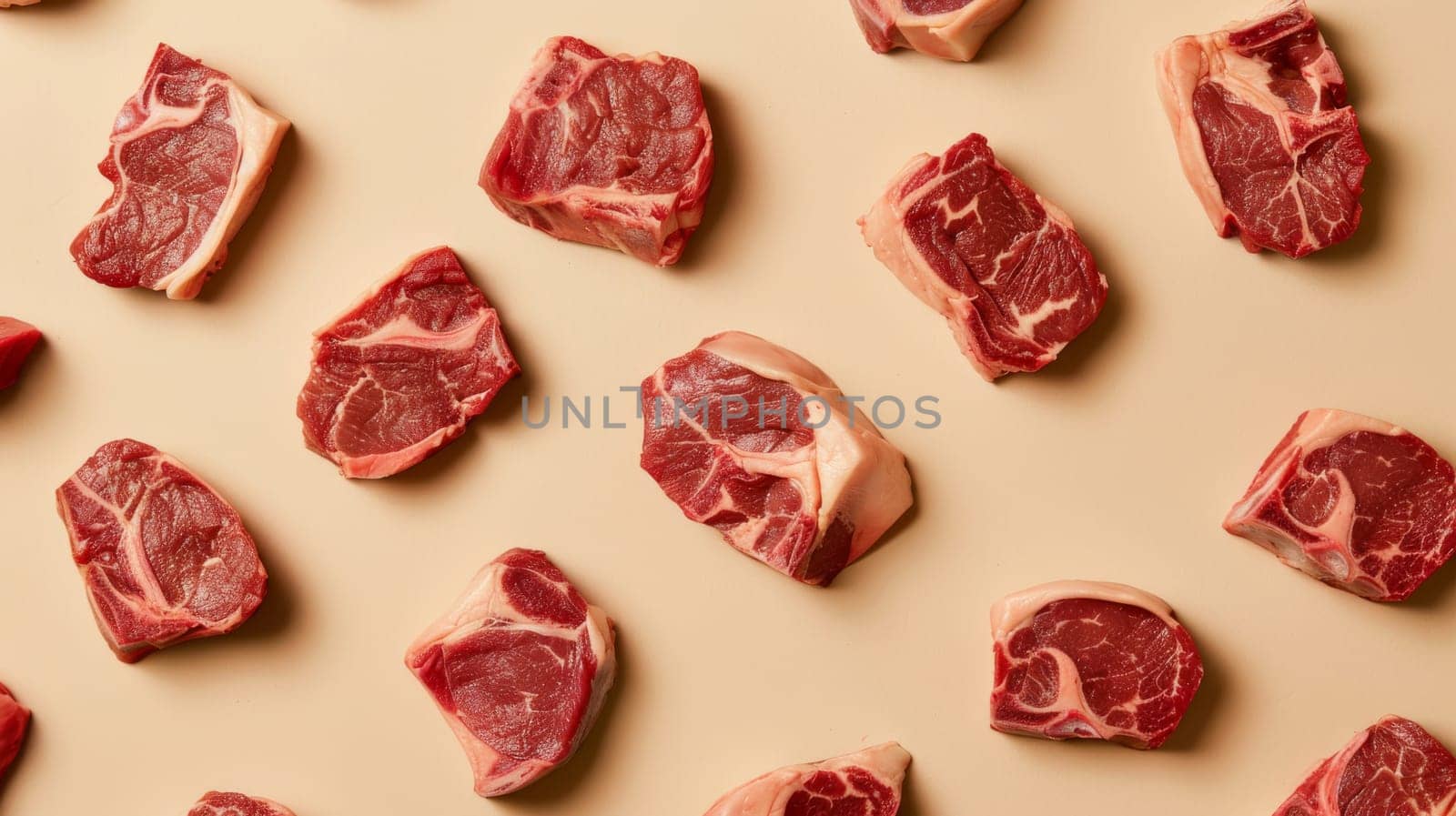 Raw beef steaks arranged on beige background, close-up. Food pattern concept.