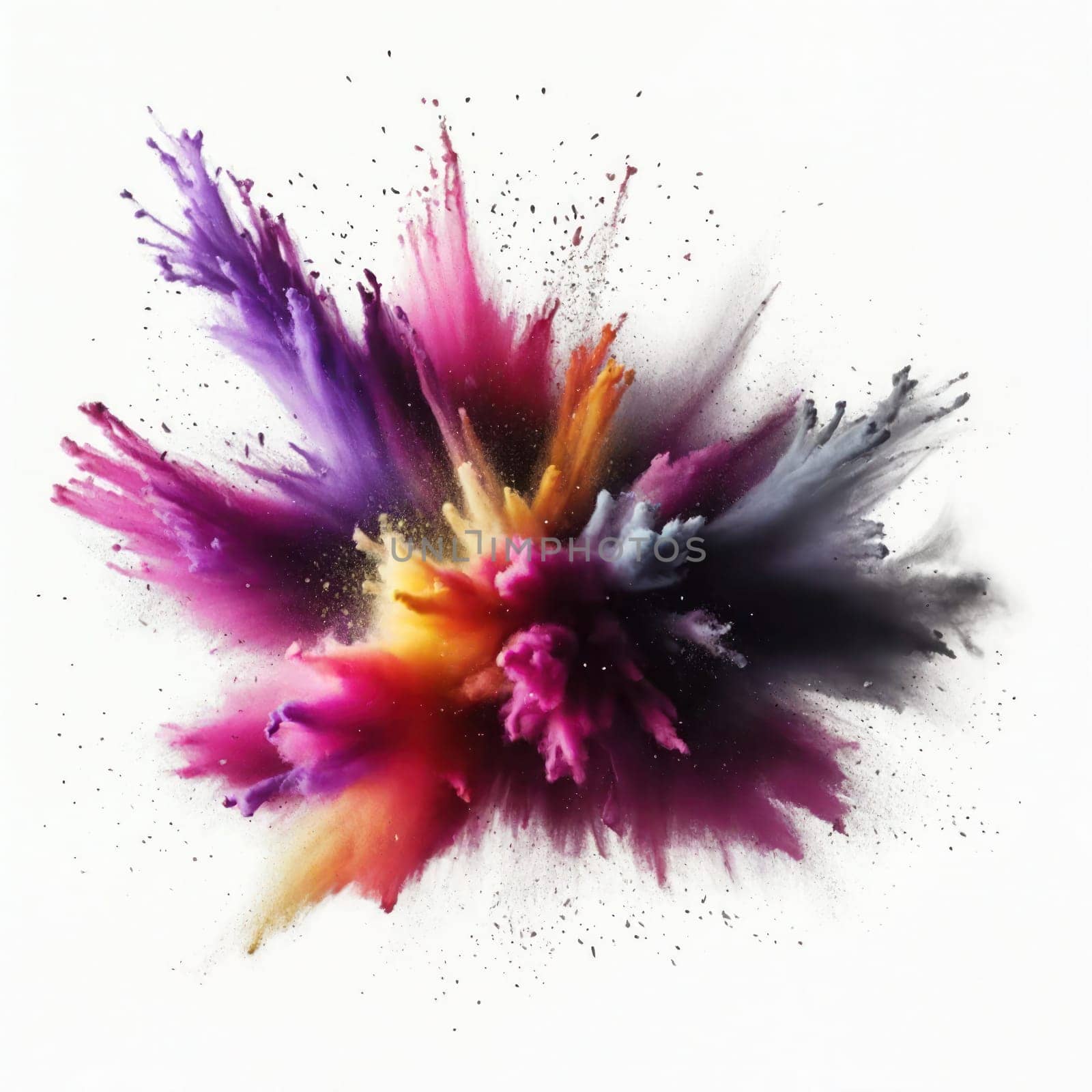 Explosion of vibrant colored powder isolated on white background. by VeroDibe