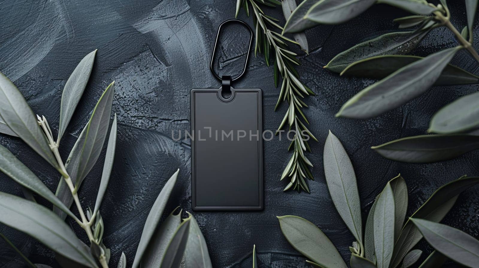 black rectangular keychain on dark textured background surrounded by green leaves, minimalist design concept.