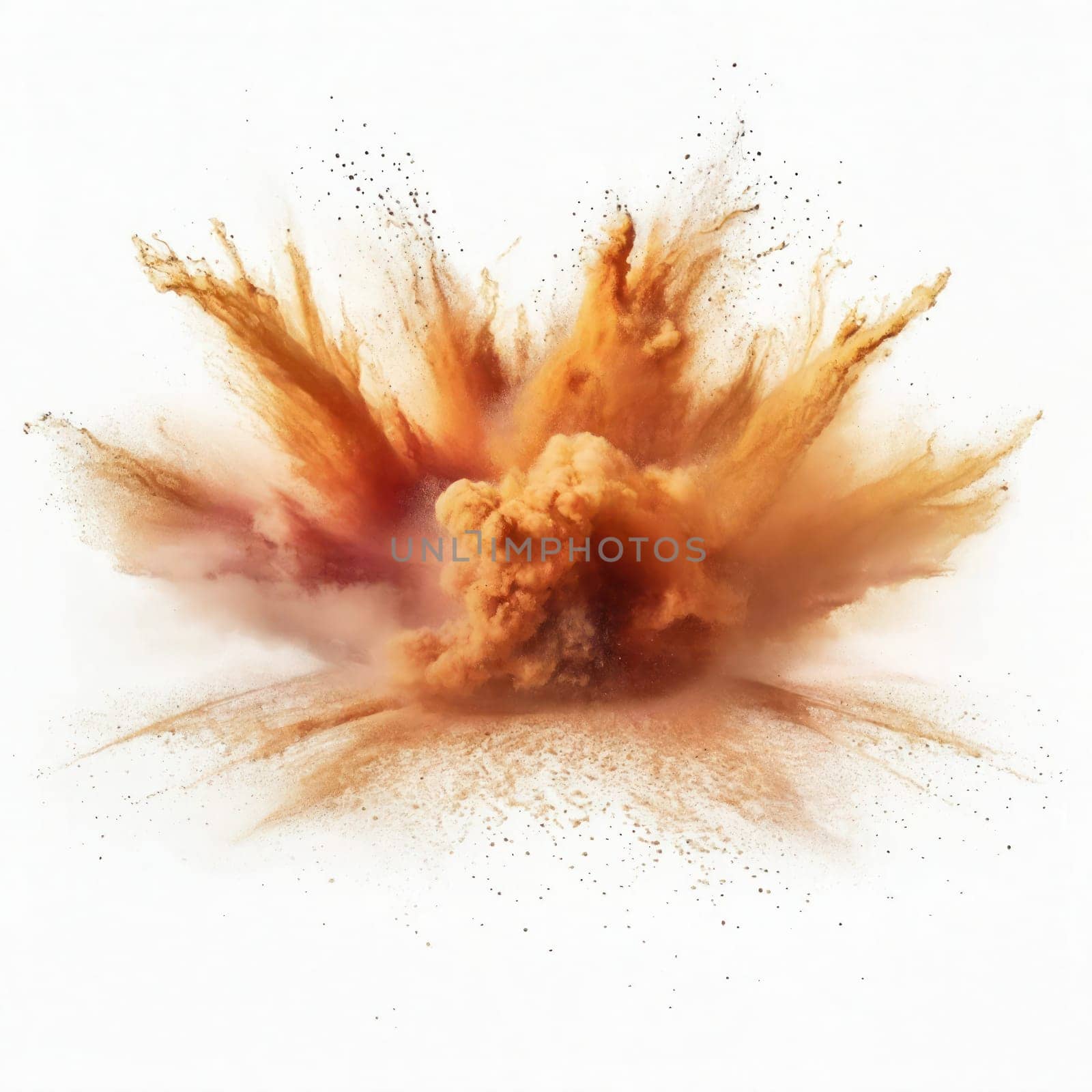 Brown cocoa powder splashes in the air. White background by VeroDibe