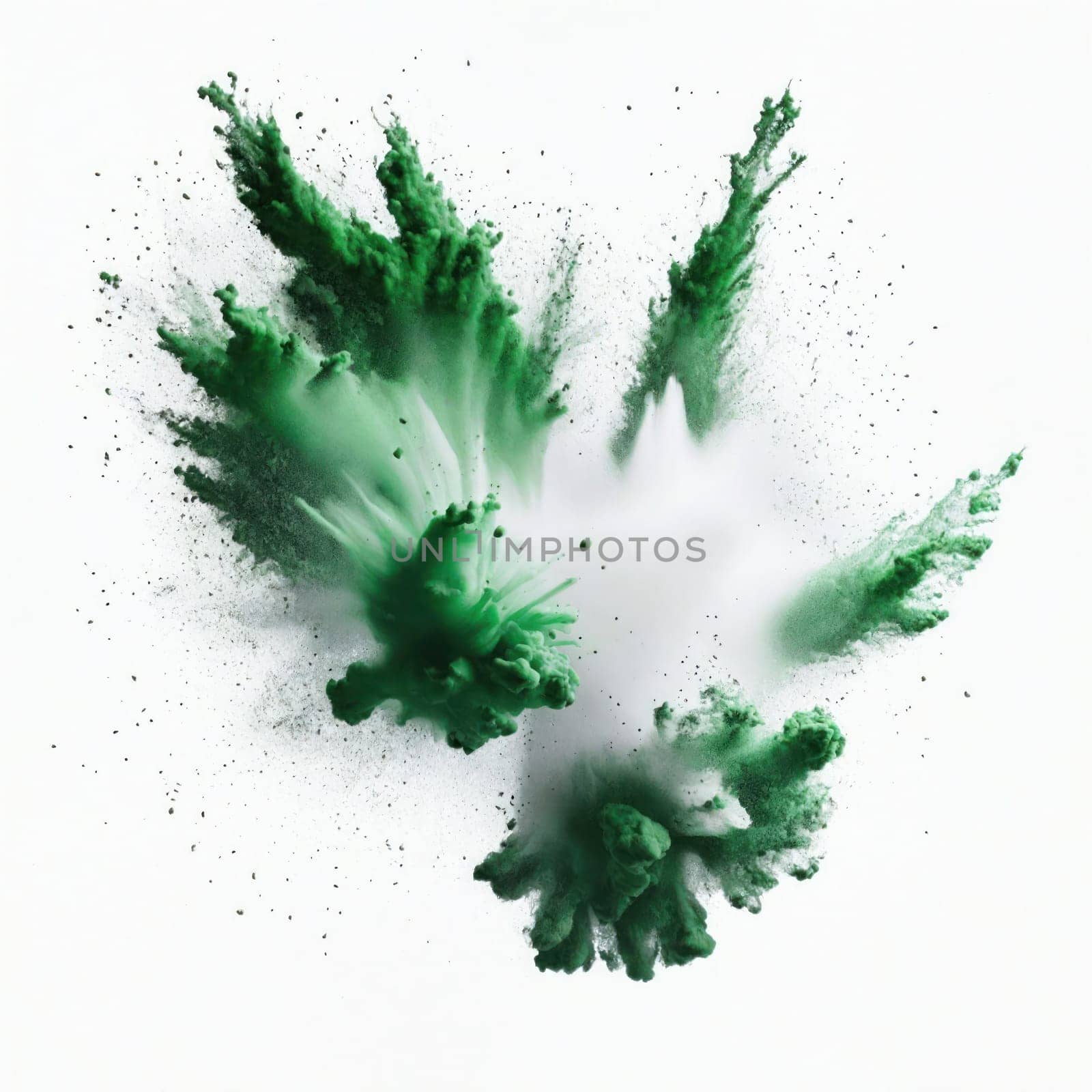 Green colored powder exploding ,smoke,isolated on white background. by VeroDibe