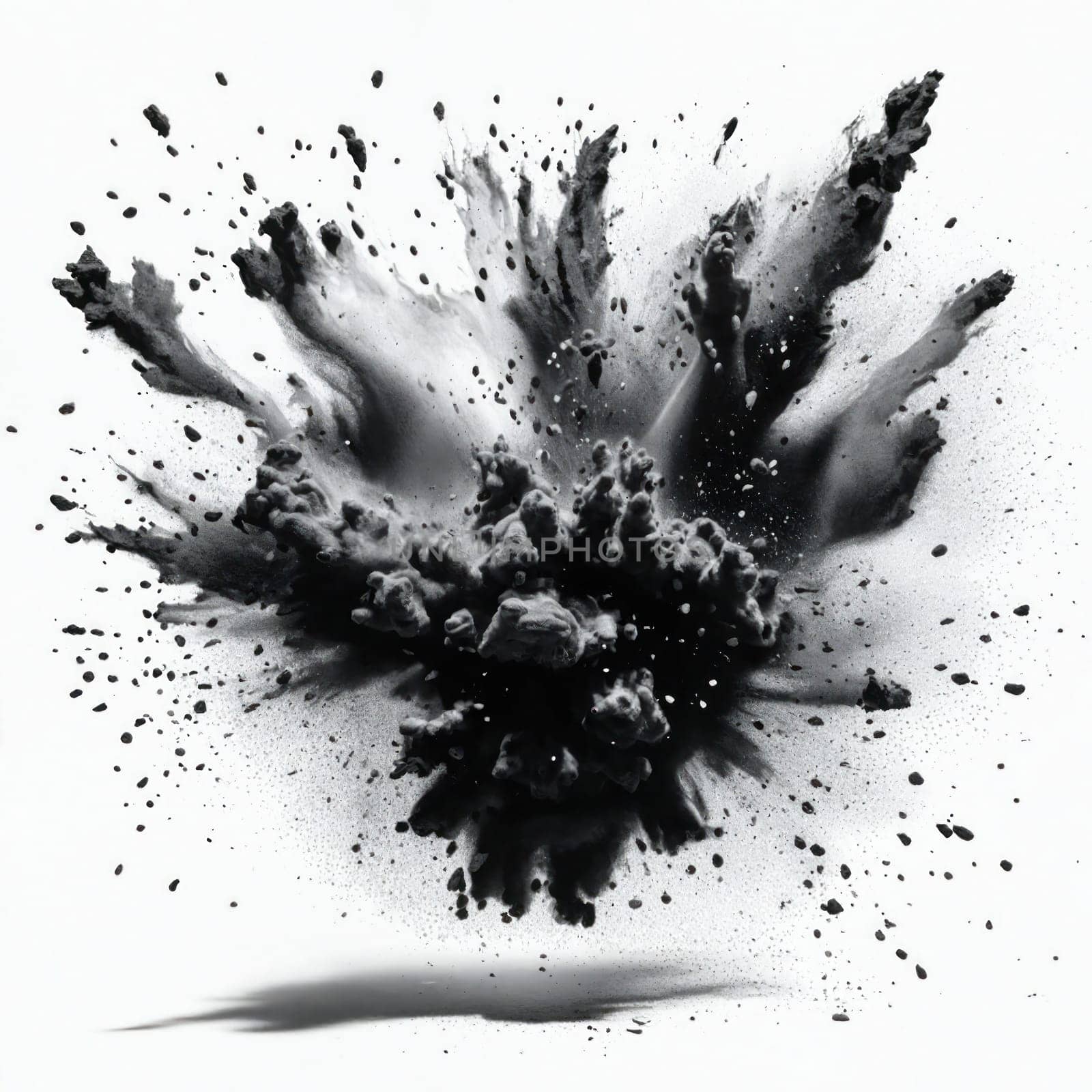 Black dust flying through the air, powder paint explosion. White background by VeroDibe