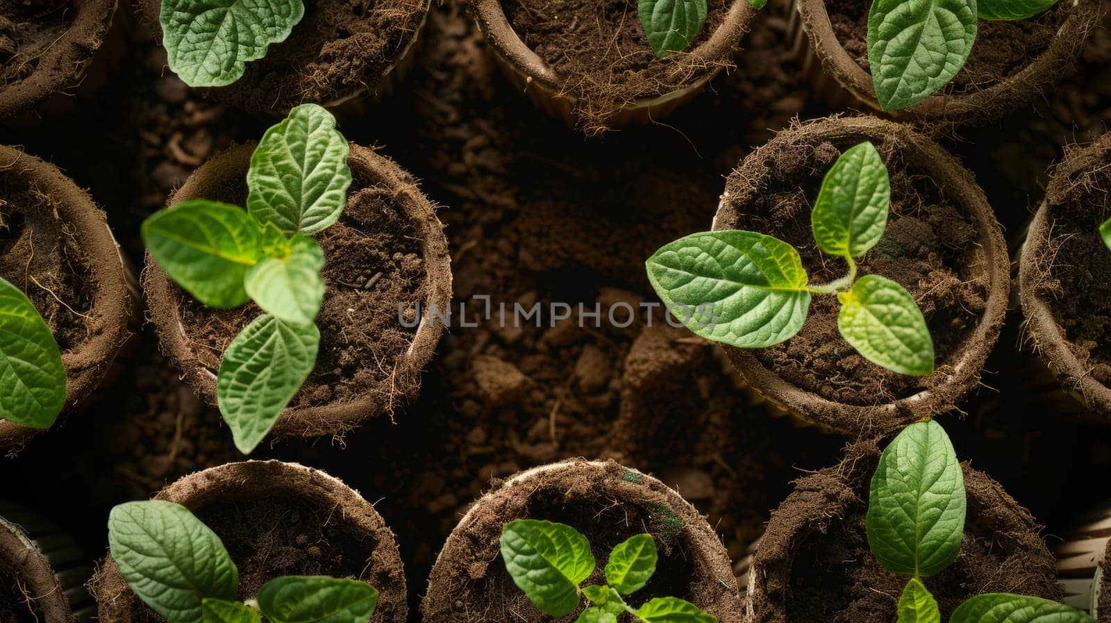 Young green plants in pots on soil, top view. Gardening and growth concept.