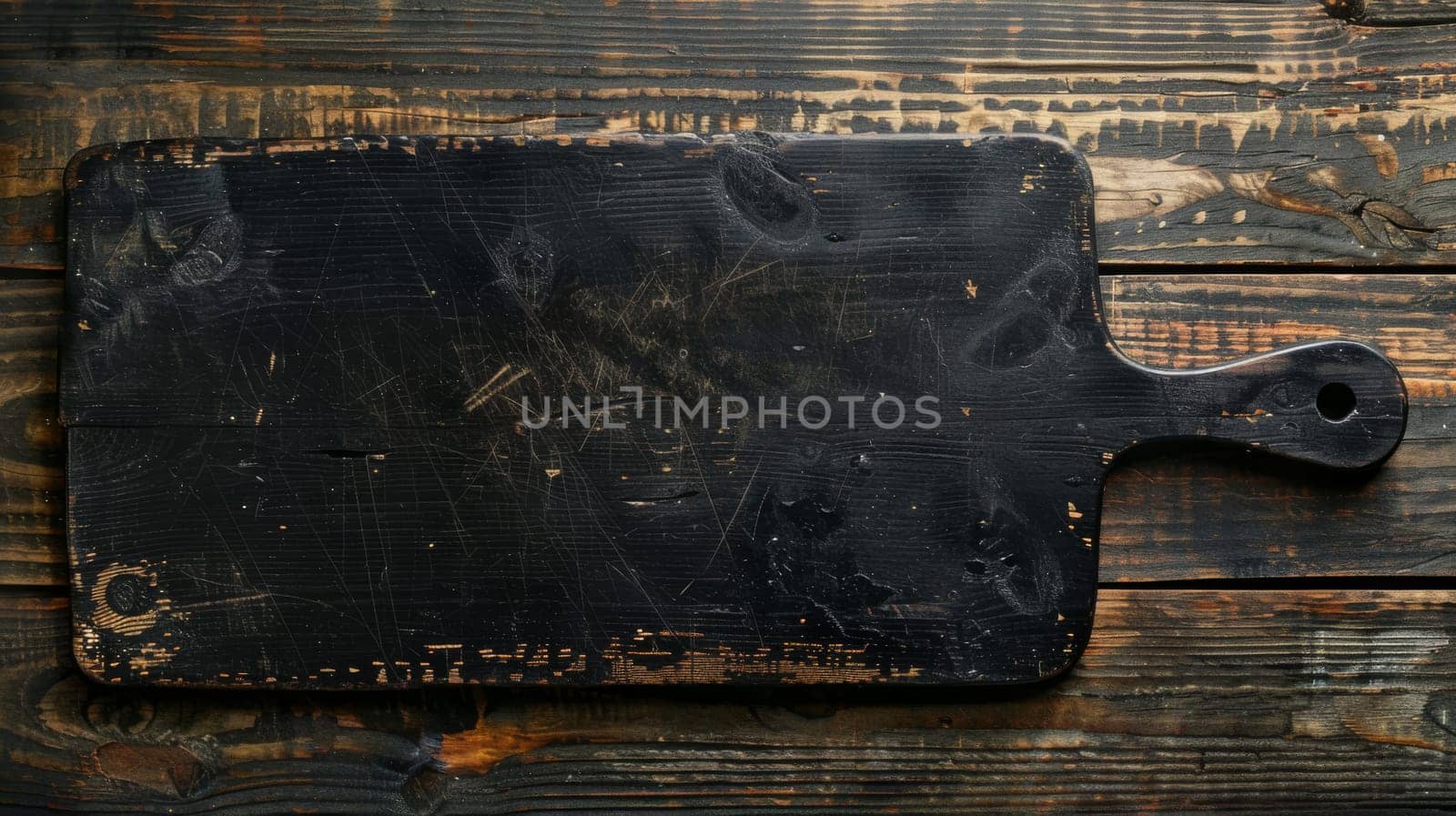 Old rustic black wooden cutting board on weathered wooden table. Culinary and vintage kitchenware concept.