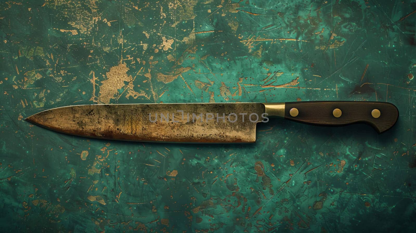 Vintage kitchen knife on turquoise textured background, culinary tools concept.