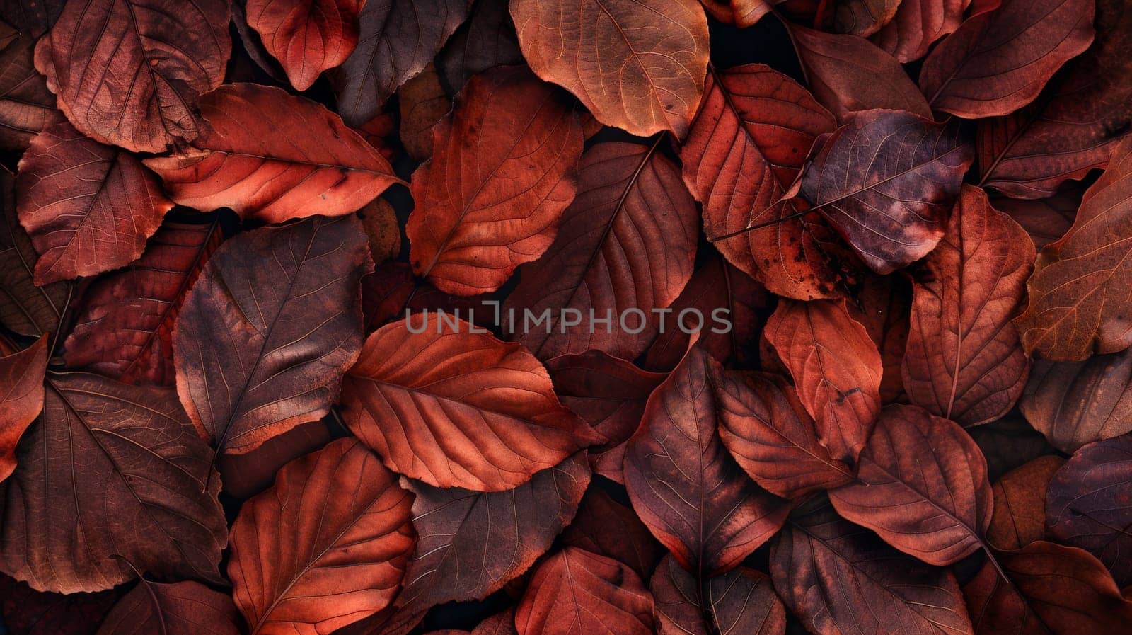 Fallen autumn leaves in shades of red and brown, top view. Nature and seasonal concept.