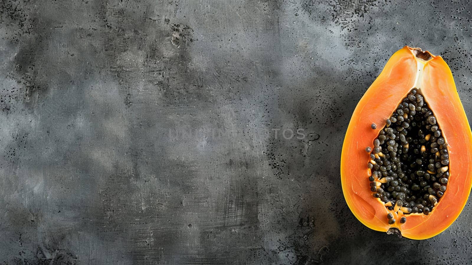Half papaya on dark textured background.