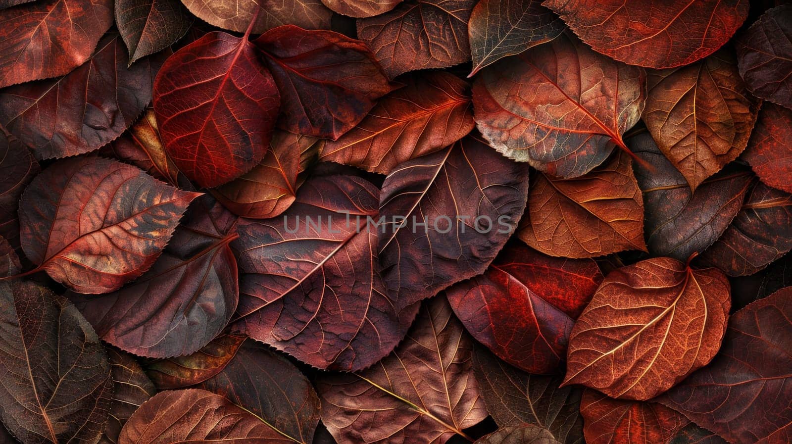 Autumn leaves with shades of red and brown.