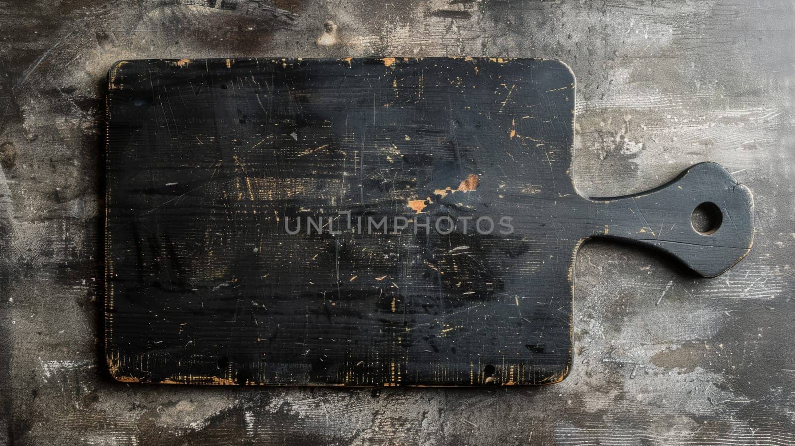 Old rustic black wooden cutting board on textured gray background, top view. Culinary presentation concept.