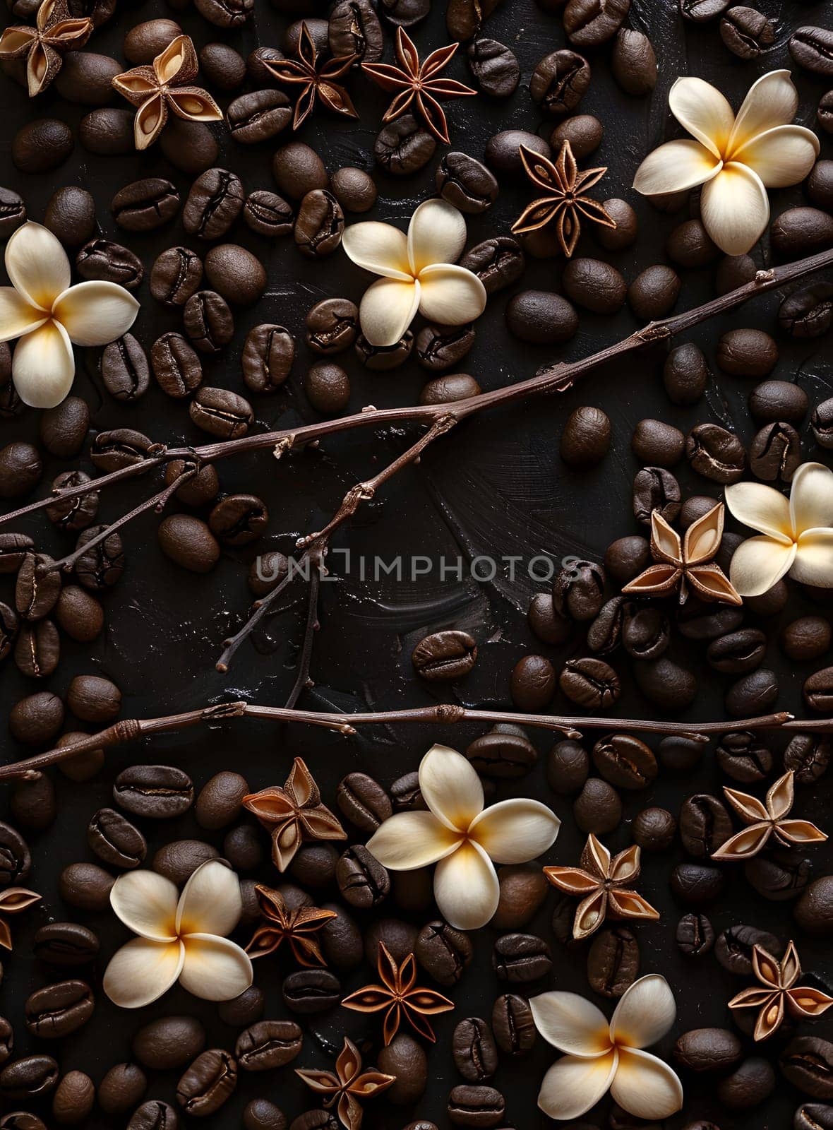 White flowers and coffee beans create an artistic contrast on black background by Nadtochiy