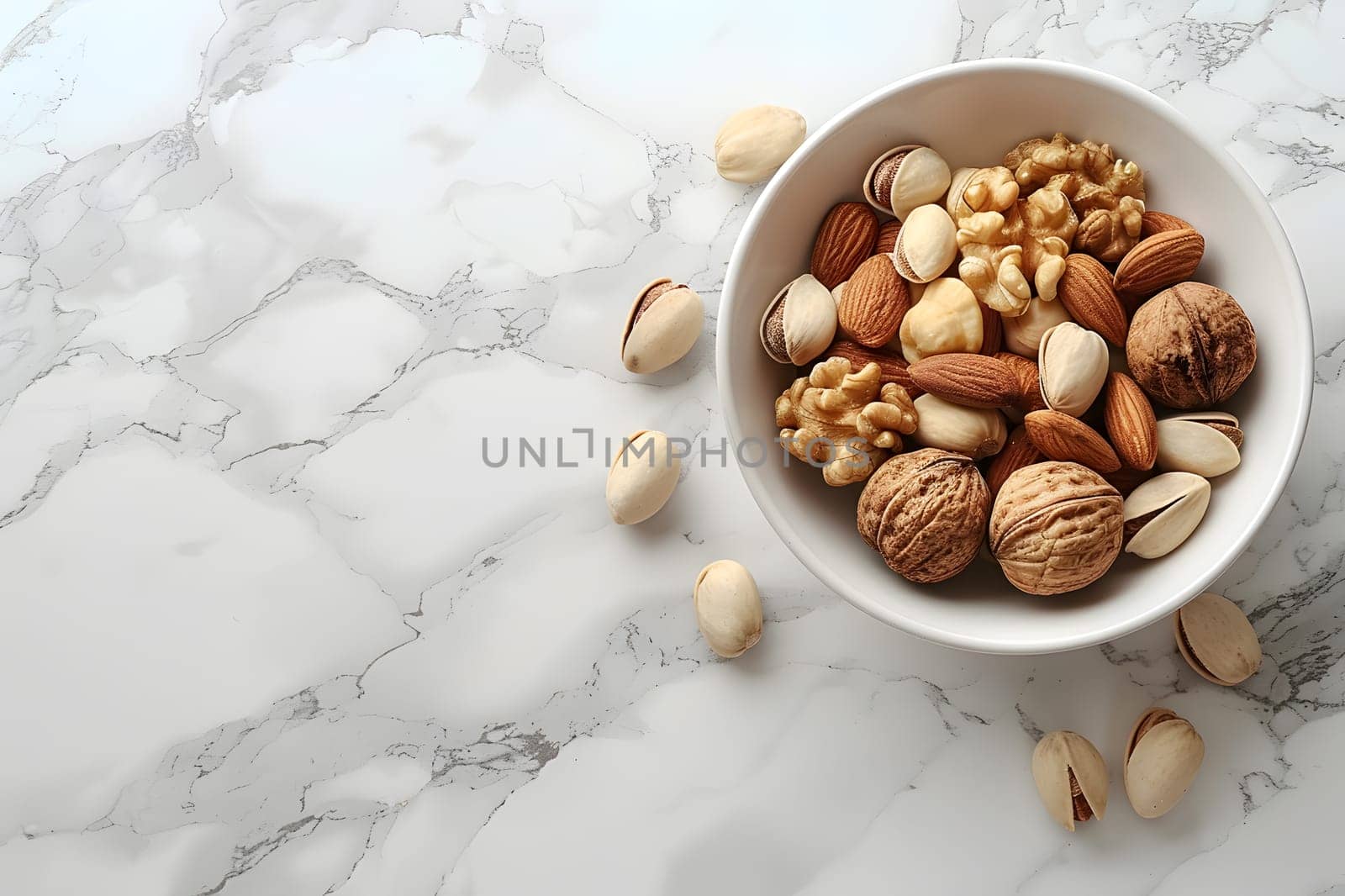 A dish of mixed nuts and dried fruits served on a marble surface, perfect for snacking while enjoying a cup of singleorigin coffee