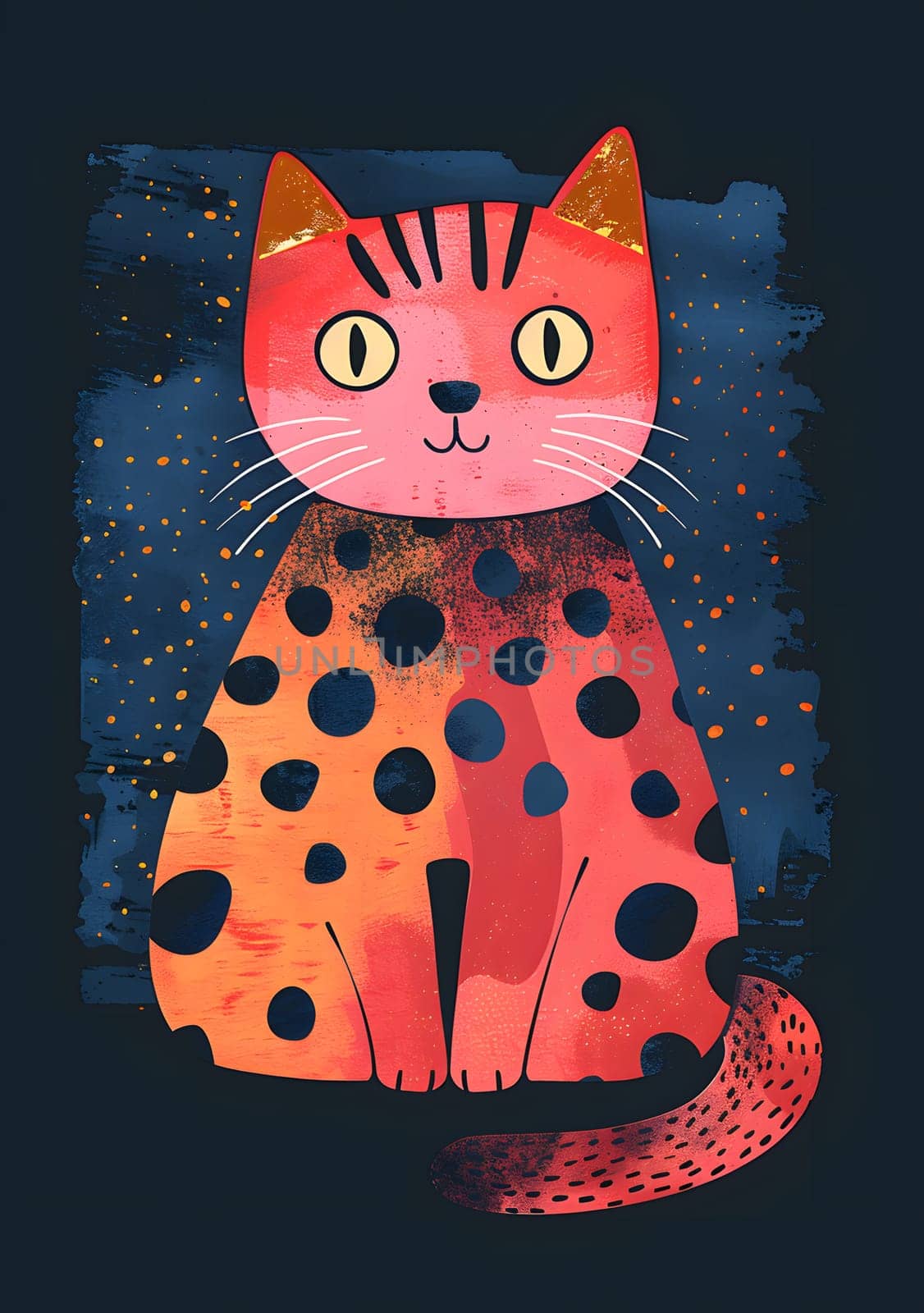 A feline head with striking yellow eyes and black spots. This small to mediumsized cat belongs to Felidae family and is a carnivore. Its whiskers are orange and it seems focused on a pink toy