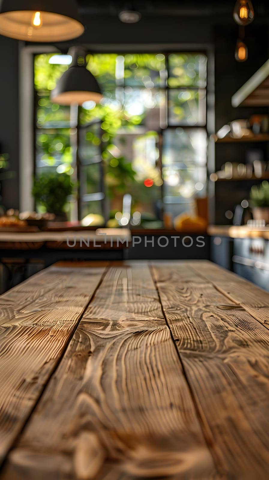 Hardwood plank table in kitchen with sunlit window backdrop by Nadtochiy