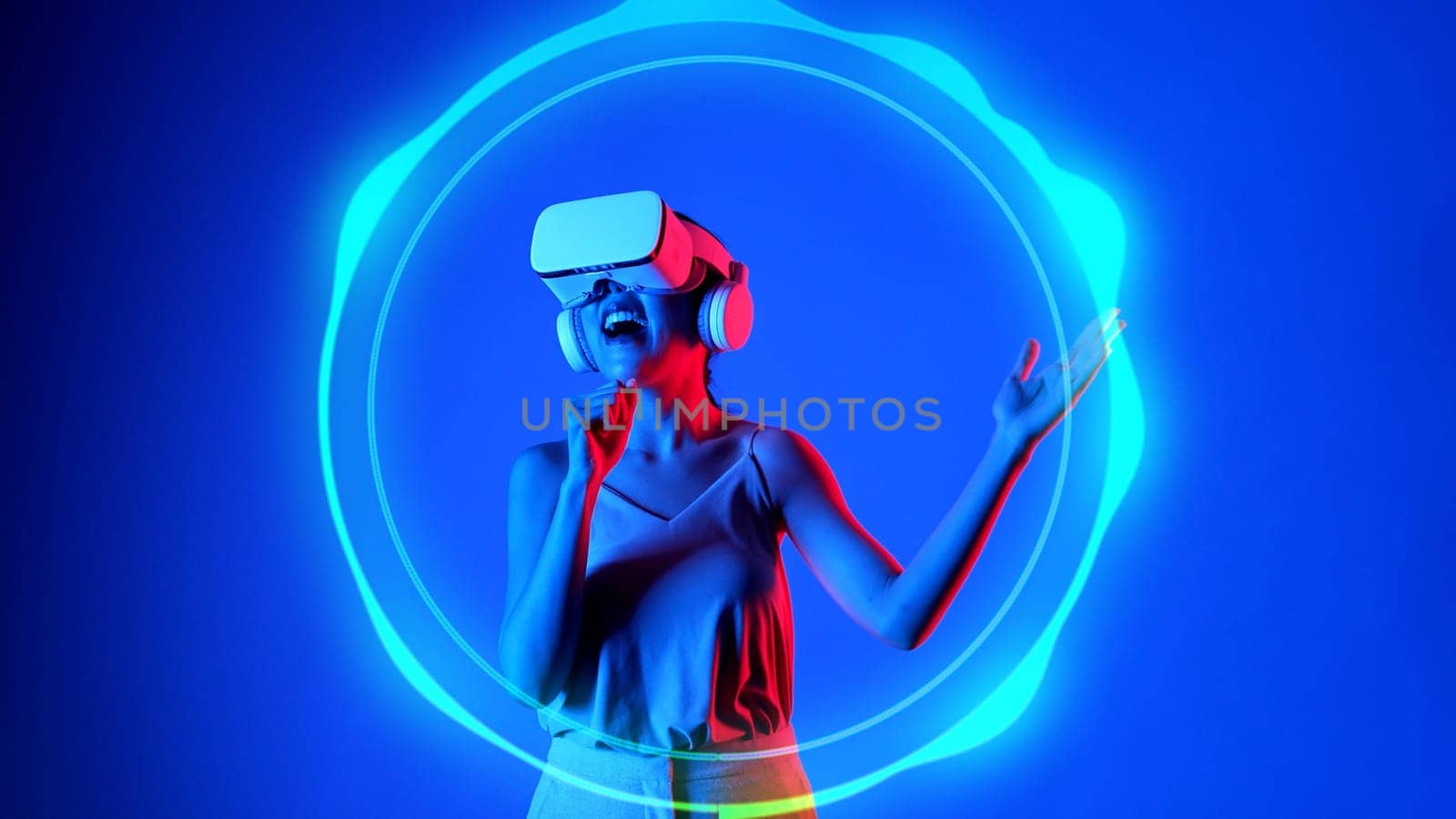 Woman singing song wearing VR recording the music circle graphic. Hallucination. by biancoblue