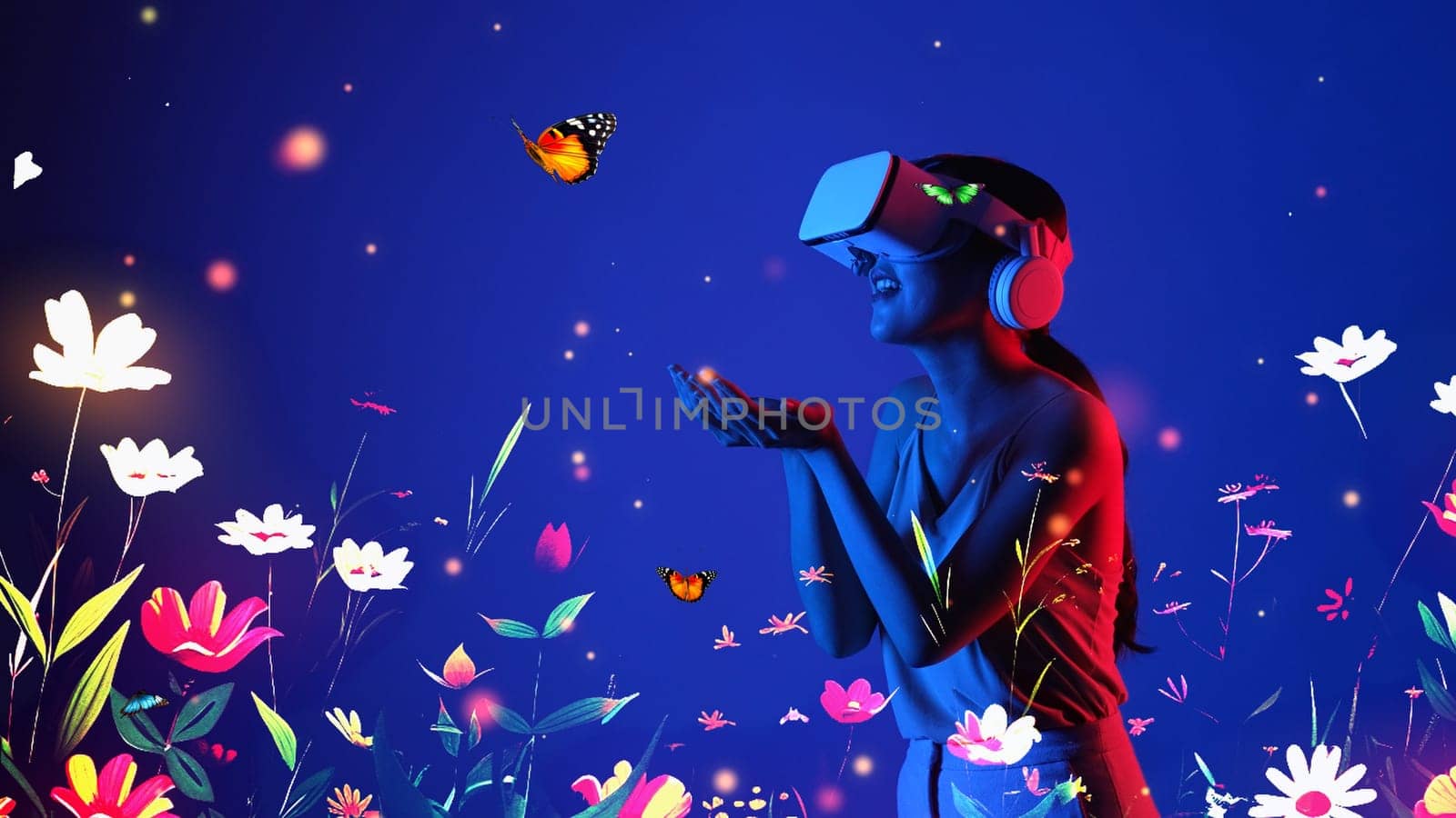 Woman standing in meta garden world wearing VR turn on transfer to wonderland with flower and butterfly flying in metaverse magical world fantasy neon blue natural creativity concept. Hallucination.