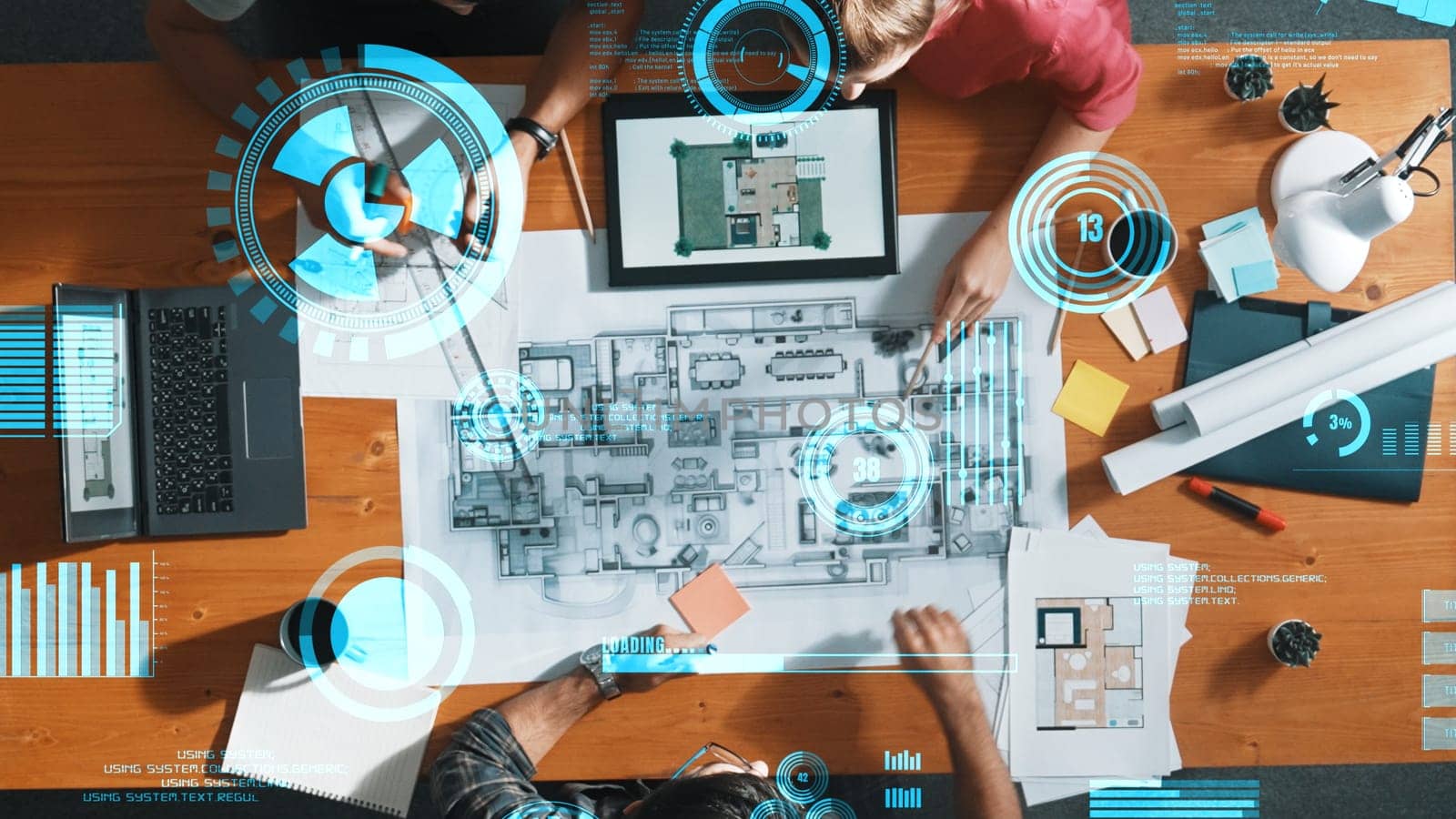 Top down view of engineer planning and writing at blueprint. Architect team working together to design building construction while sitting at meeting table with financial chart holographic. Symposium.