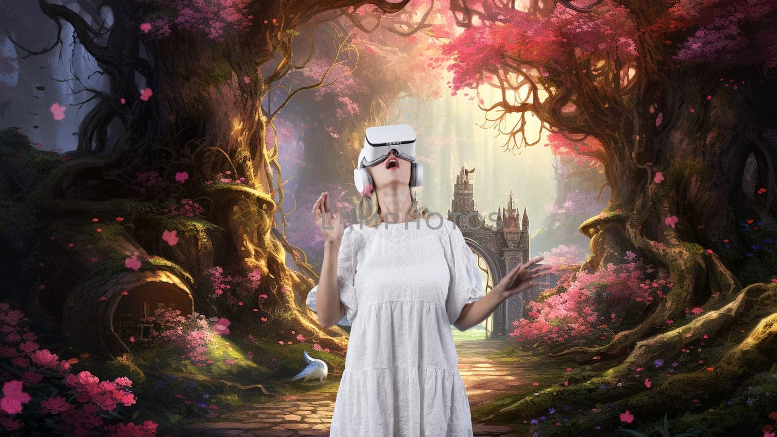 Woman standing using VR transfer to meta pink maple leaves castle. Contraption. by biancoblue