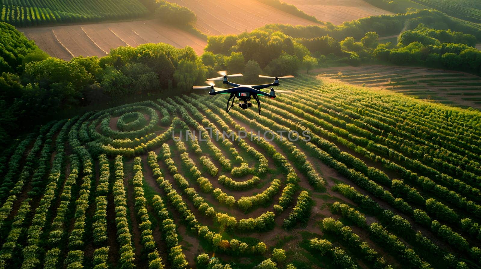 A drone is hovering above a sprawling green field, capturing the beauty of the lush grassland and intricate labyrinth of terrestrial plants below