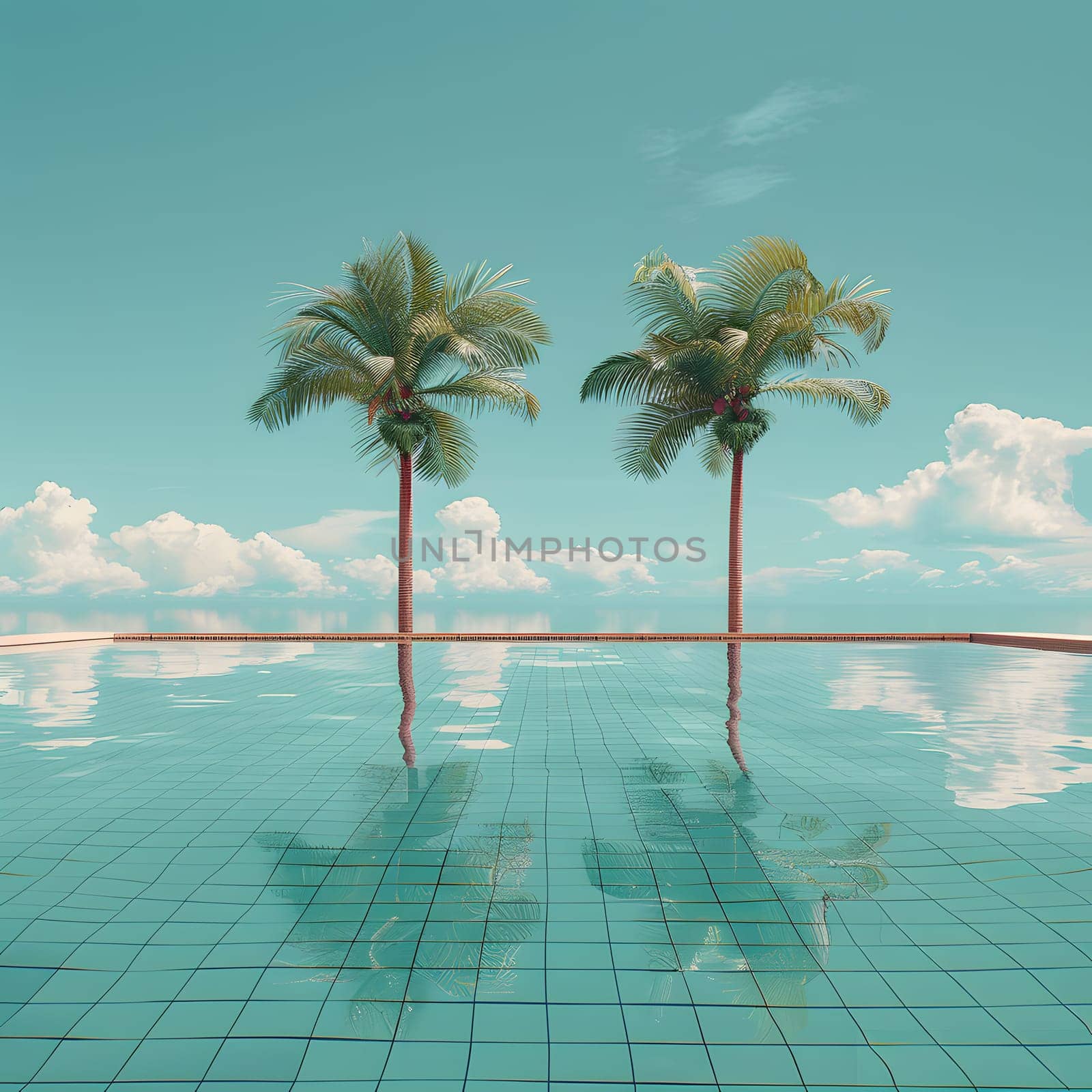 The reflection of two tall palm trees is mirrored in the tranquil water of an infinity pool, with a backdrop of a cloudy sky and coastal horizon