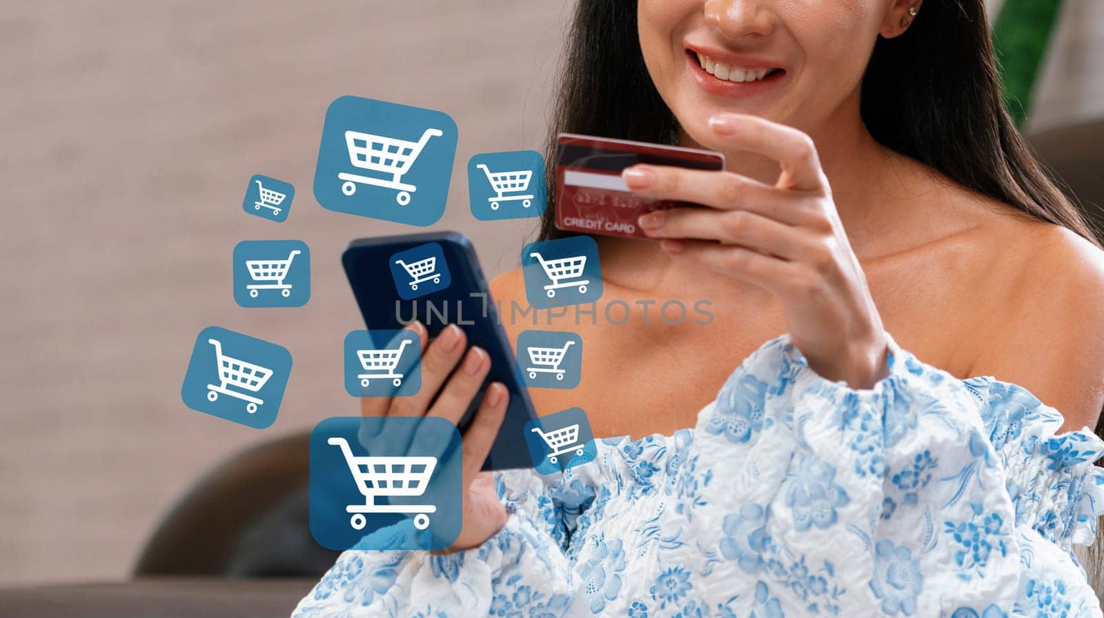 Customer wearing blue dress control device choosing online platform. Smart consumer watching gadget opening e-commerce application using credit card, cashless technology shopping inventory. Cybercash.