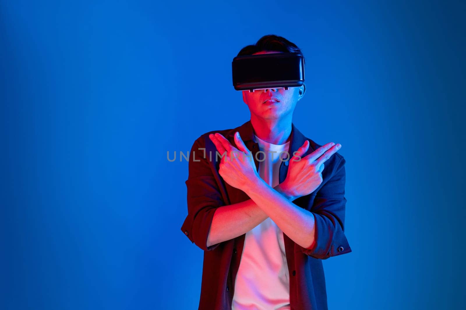 Gamer wearing VR turning meta playing hunter isolated neon light. Contrivance. by biancoblue