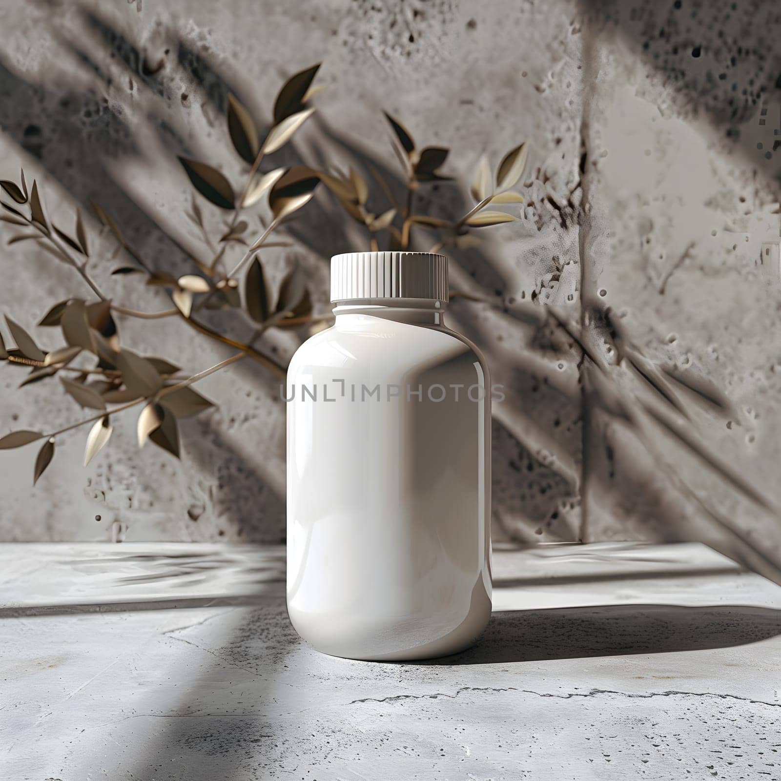 White plastic bottle with plant on table. Wood accents. Grey tones by Nadtochiy