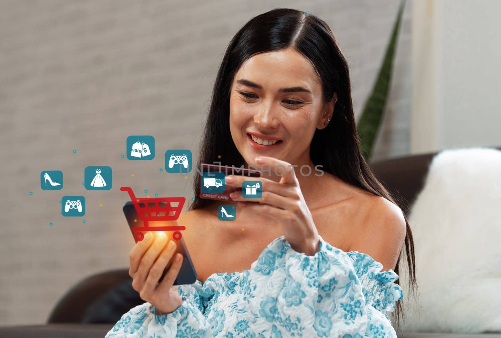 Elegant customer wearing blue dress controlling device choosing online platform. Smart consumer watching gadget opening e-commerce application using cashless technology shopping inventory. Cybercash.