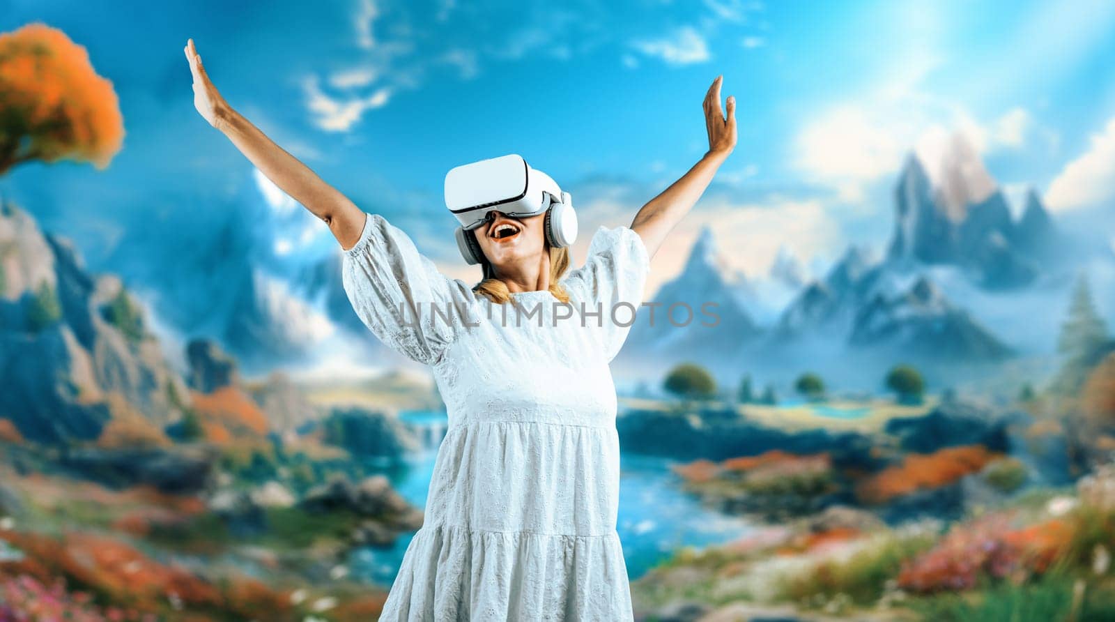 Caucasian girl enter metaverse while spread arms with relax at fantasy forest. Excited woman enjoy playing game by using VR goggles with magical world. Innovation technology concept. Contraption.