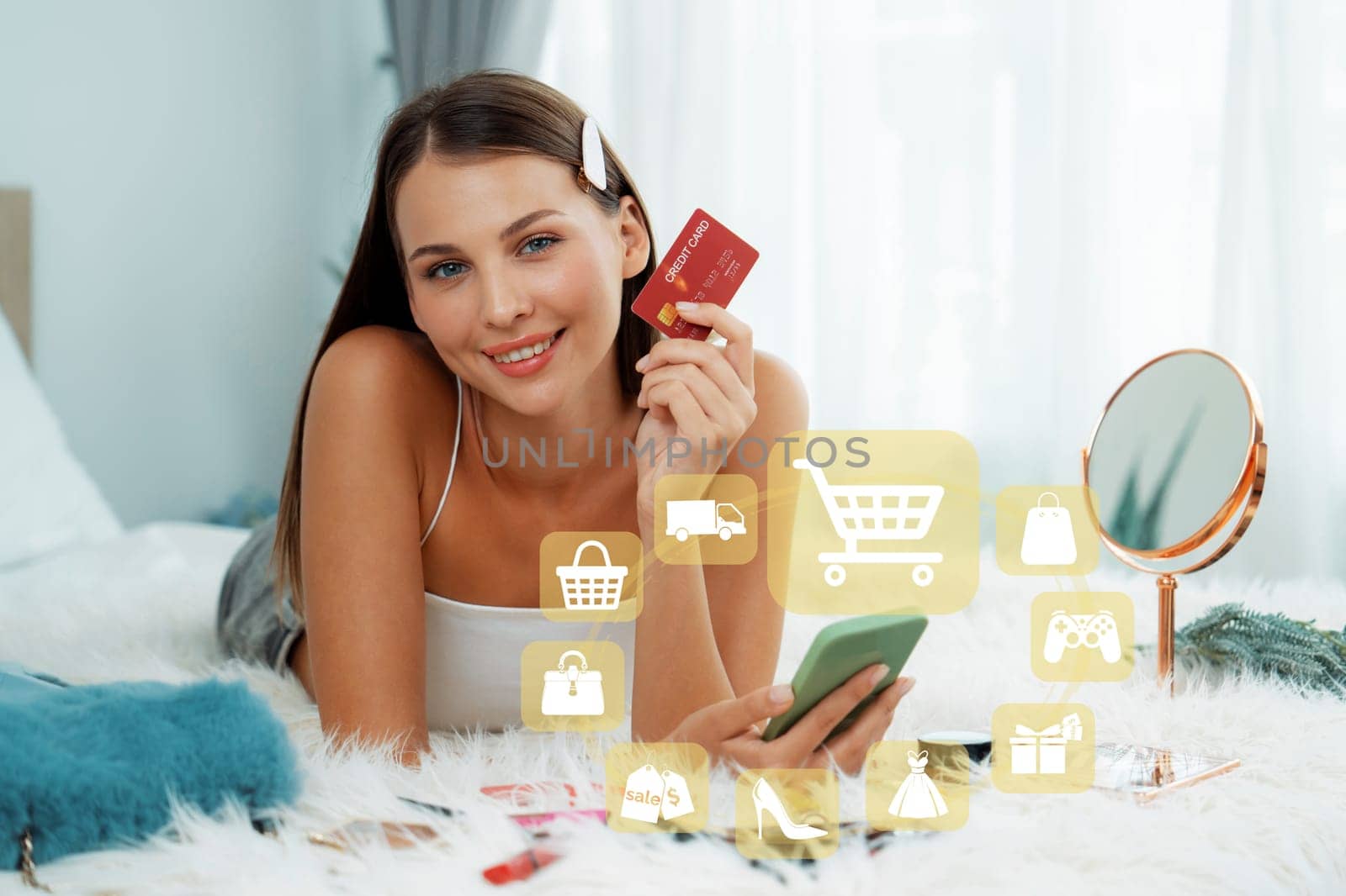 Elegant customer wearing white tank top holding credit card typing phone choosing online platform. Smart consumer opening e-commerce application use cashless technology shopping inventory. Cybercash.