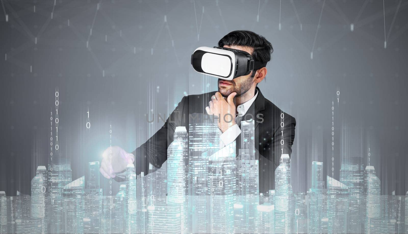 Caucasian businessman planning to invest in real estate while using VR glasses. Civil engineer design house construction while wearing visual reality glasses to connect global network. Deviation.
