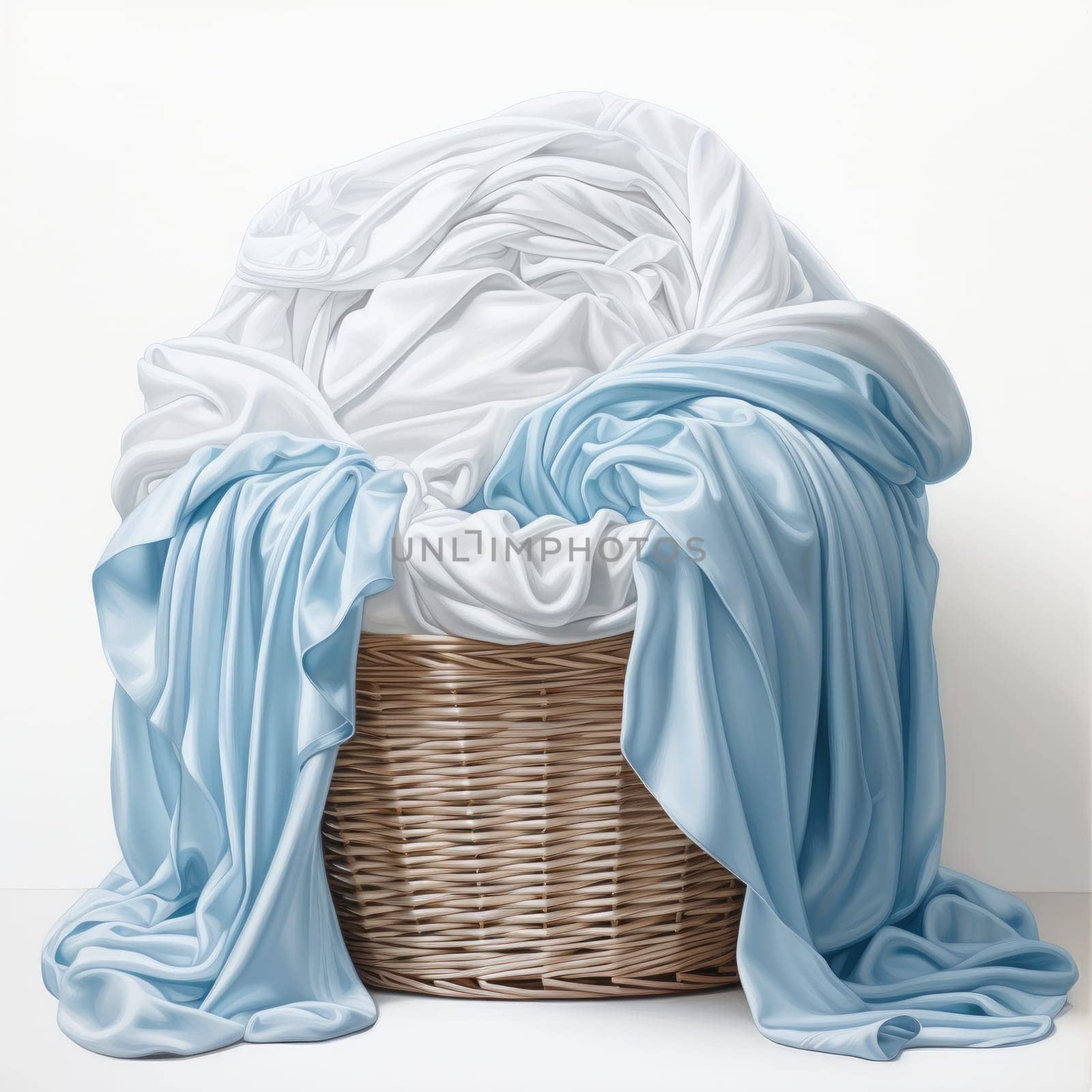 Laundry basket with white sheets isolate background. Generative AI.