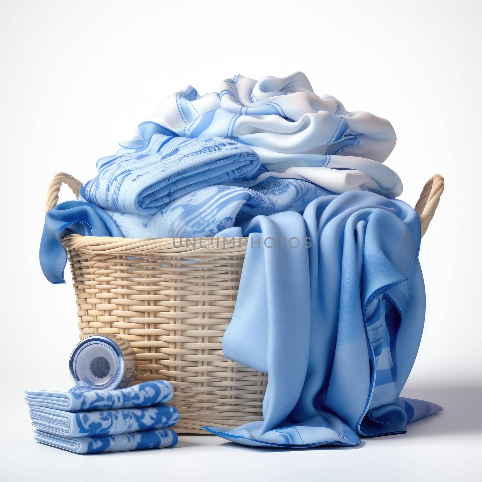 Laundry basket with blue sheets isolate background. Generative AI by itchaznong