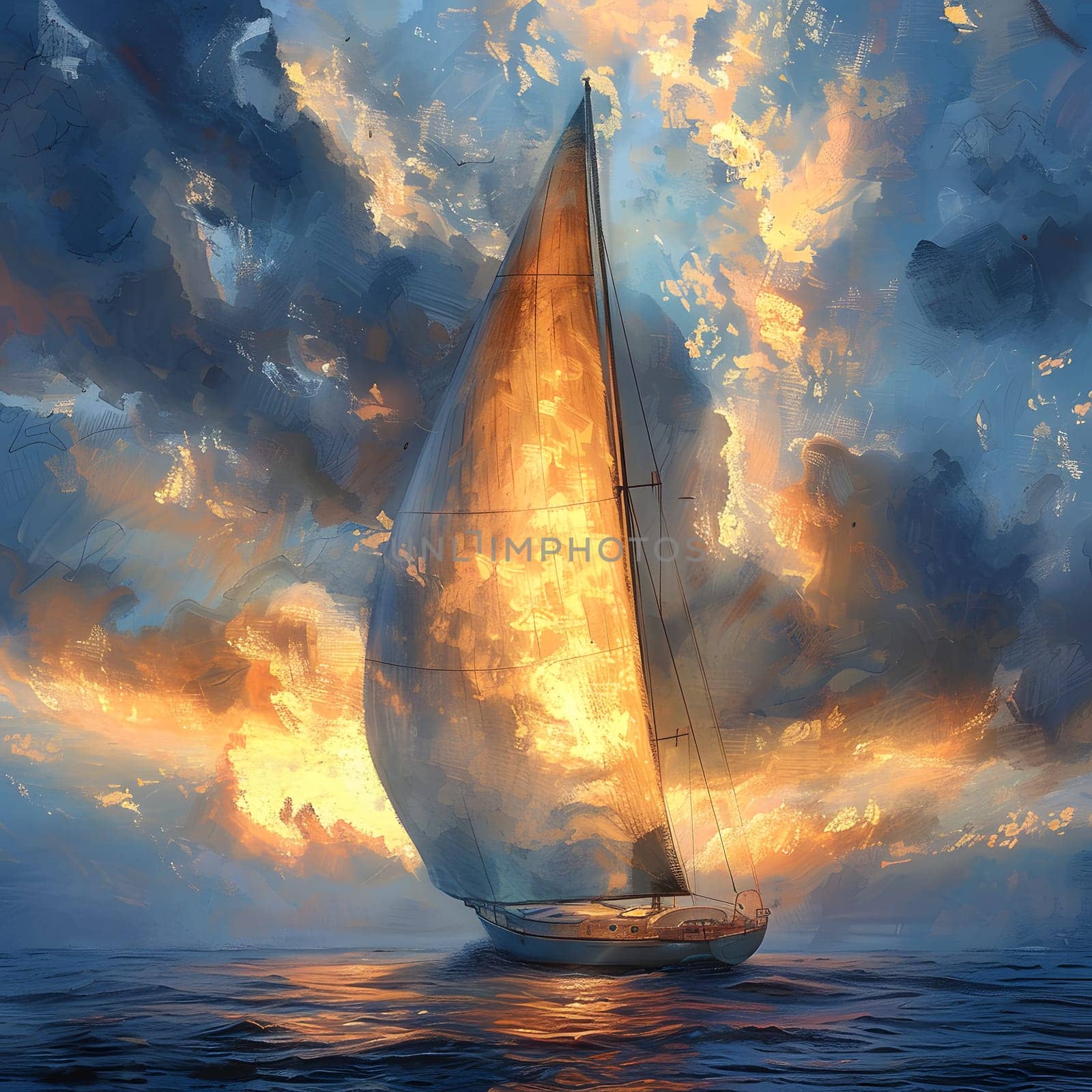 A vibrant painting captures a sailboat on the shimmering water at sunset. The colorful sky, fluffy clouds, and mast of the boat create a serene natural landscape