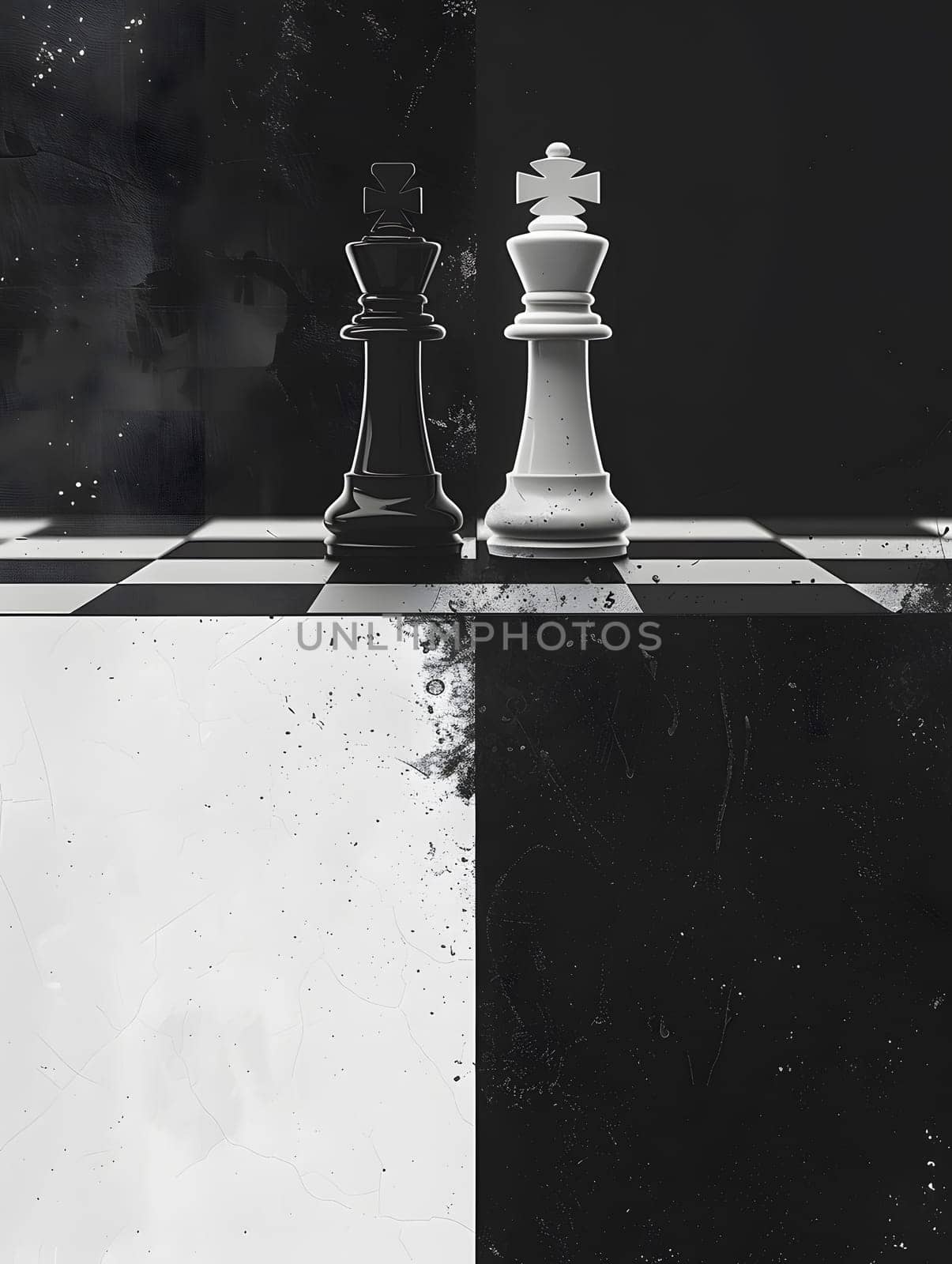 A monochrome photograph showing two chess pieces on a wooden chess board. The grey tints and shades create a classic indoor game atmosphere