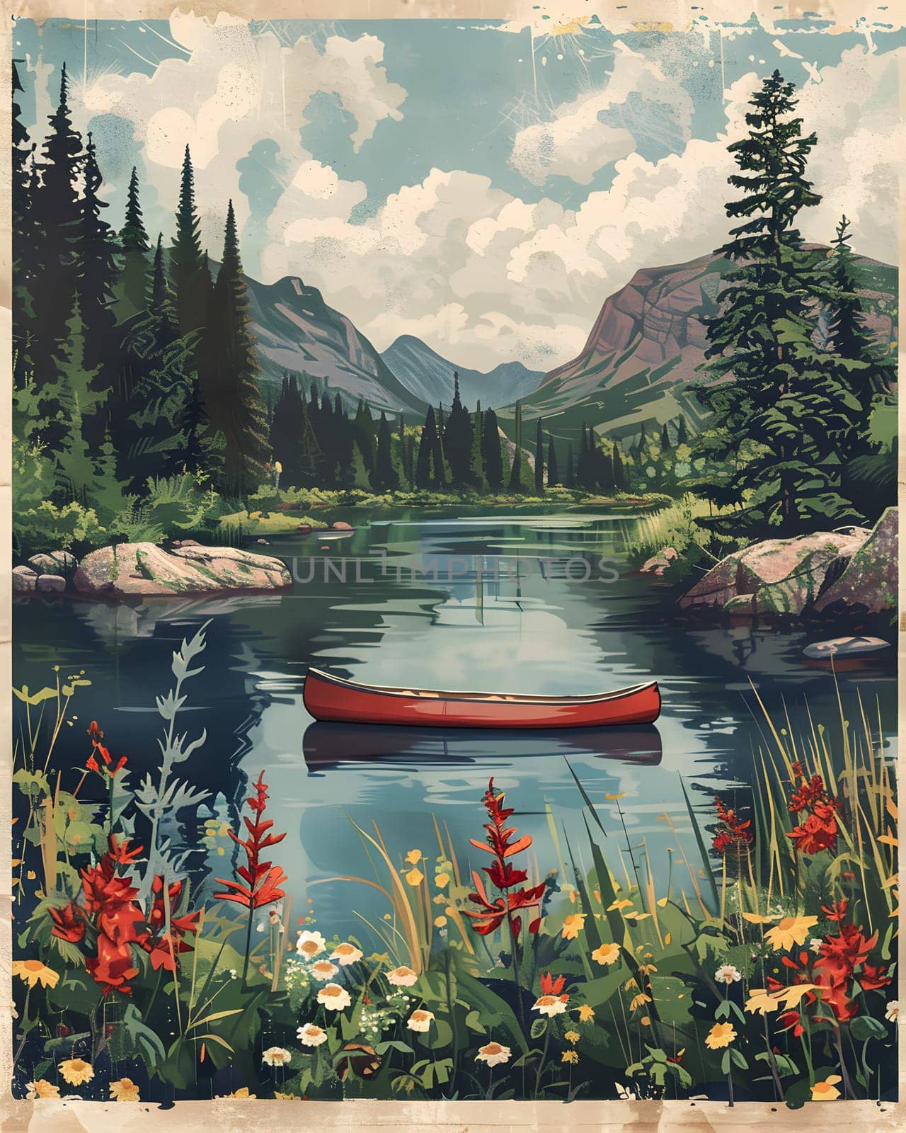 Scenic painting of a canoe on a lake with mountains in the background by Nadtochiy