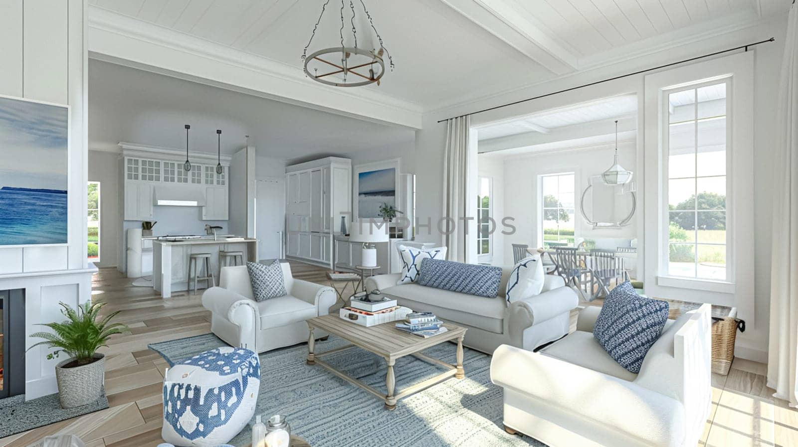 Interior of a living room with white walls, sofa and cushions. Sitting room in coastal cottage with sea view. Luxury lounge room