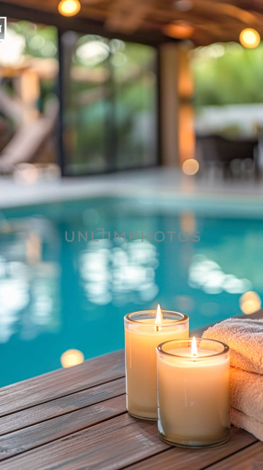 On a wooden table beside a pool, a pair of candles offer light and create a cozy atmosphere for relaxation