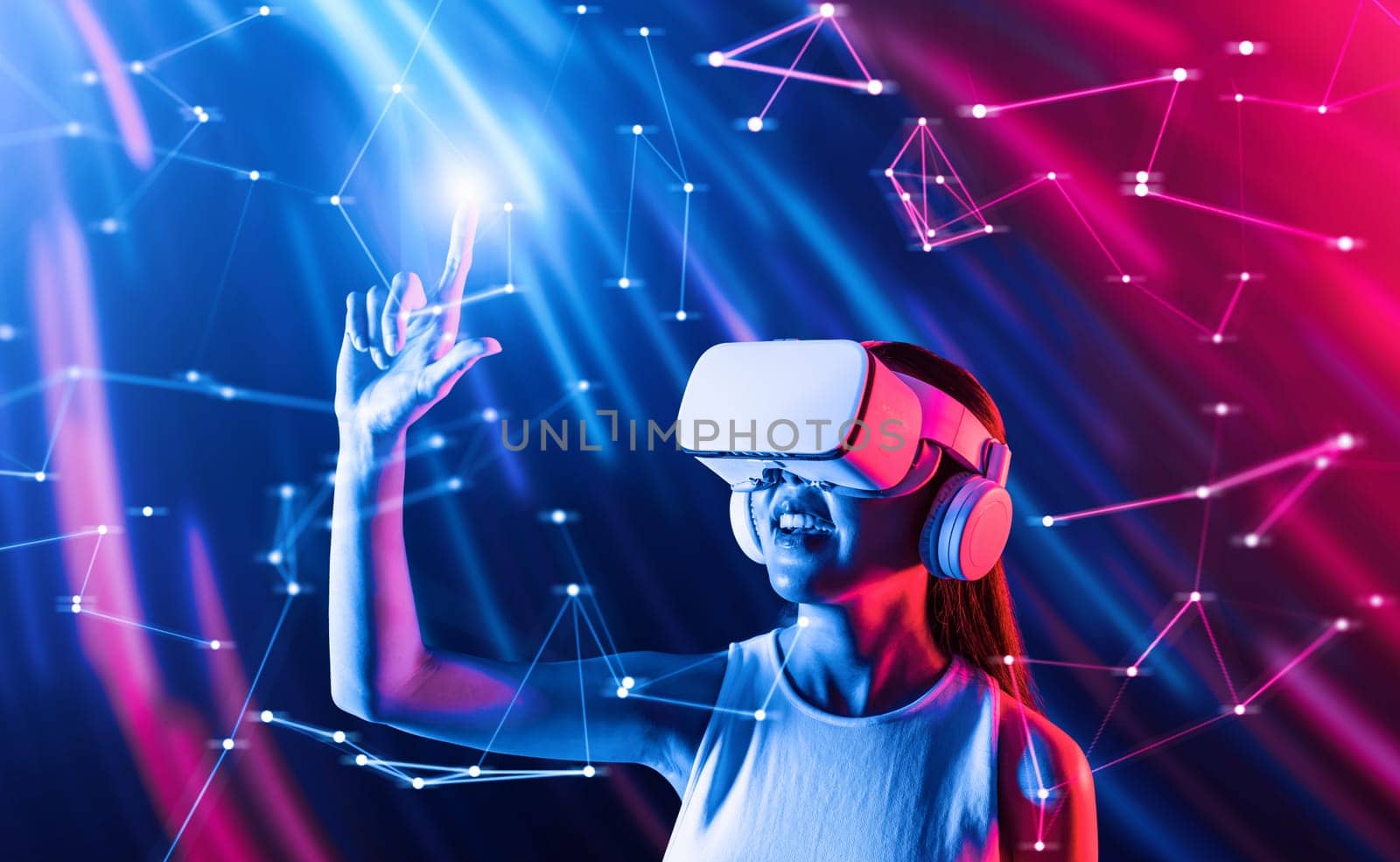 Smart female standing in cyberpunk style building in meta wear VR headset connecting metaverse, future cyberspace community technology, Elegant woman using fingers touch virtual object. Hallucination.