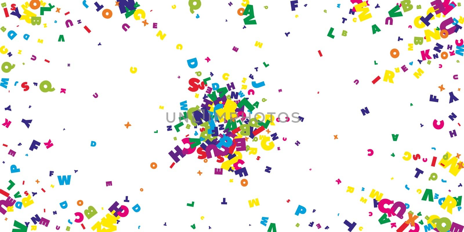 Scattered letters of latin alphabet. Colorful childish floating characters of English language. Foreign languages study concept. Back to school banner .