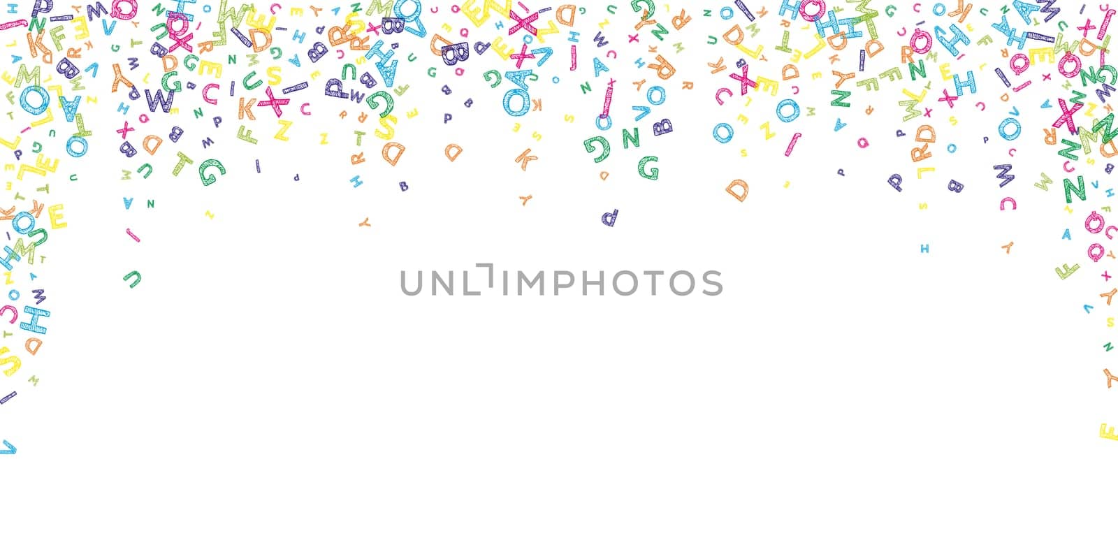 Scattered letters of latin alphabet. Colorful childish floating characters of English language. Foreign languages study concept. Back to school banner .