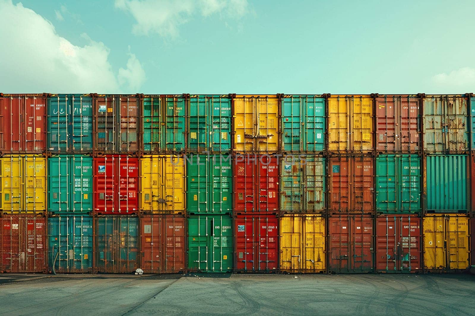 Long row of containers in the seaport.