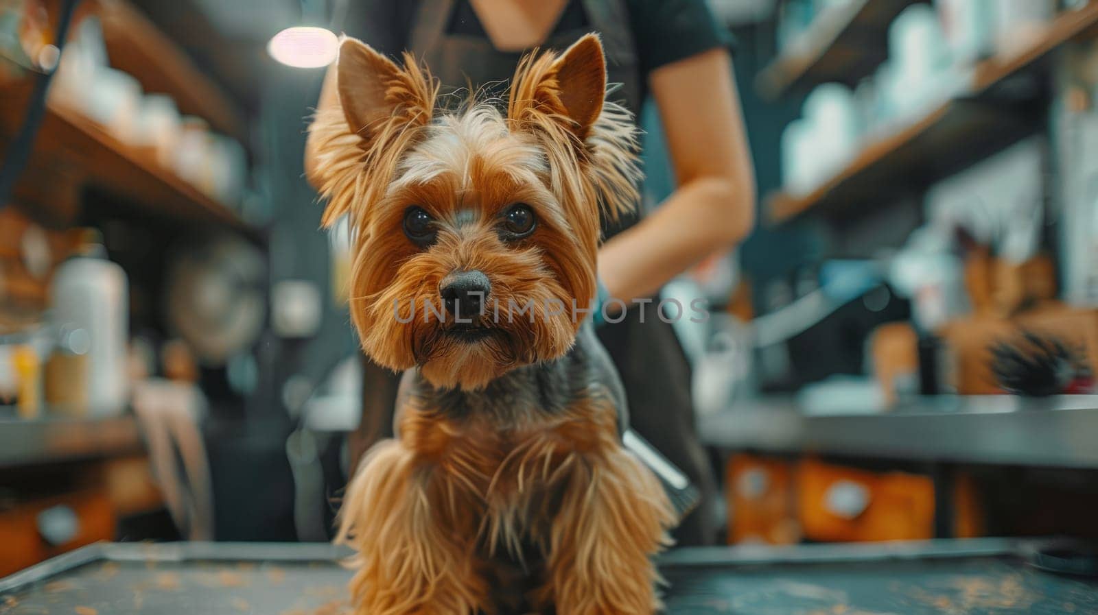 A dog receiving a grooming session at a pet salon with a professional using tools to trim and clean the dog's fur.