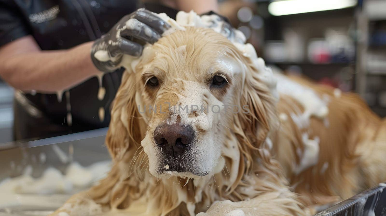 A dog receiving a grooming session at a pet salon, Groomed by professional at pet salon, Pet care.
