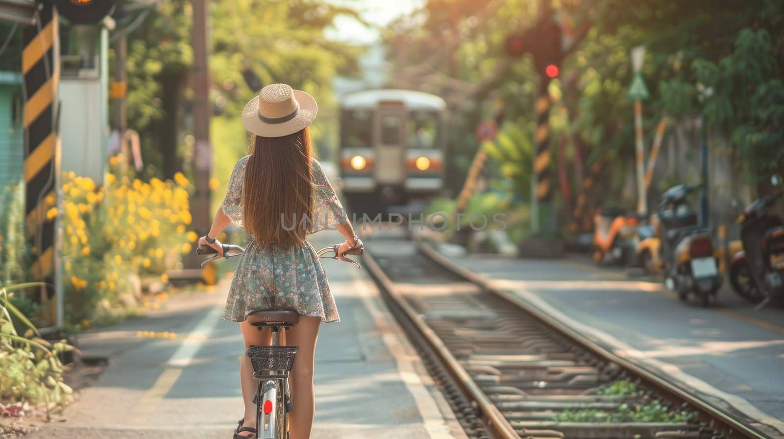 A woman is riding a bicycle down a train track. The scene is peaceful and serene, with the woman wearing a straw hat and enjoying the ride