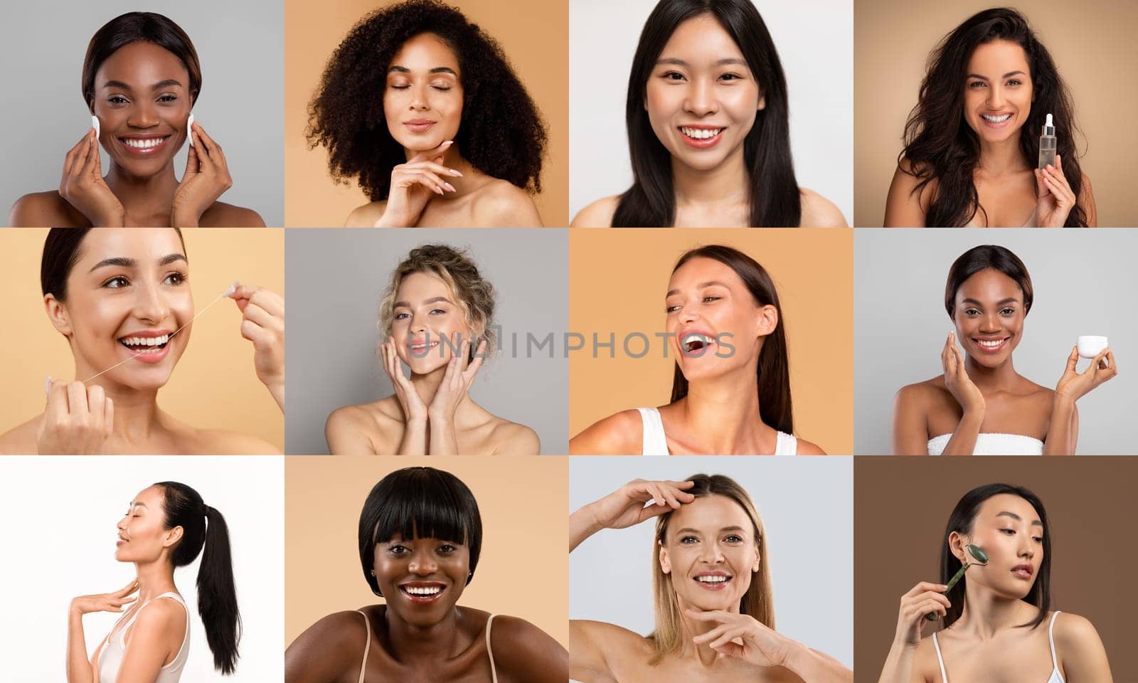 This collage features multiracial women of different ages each involved in skincare, set against a harmonious, soft-hued studio background.