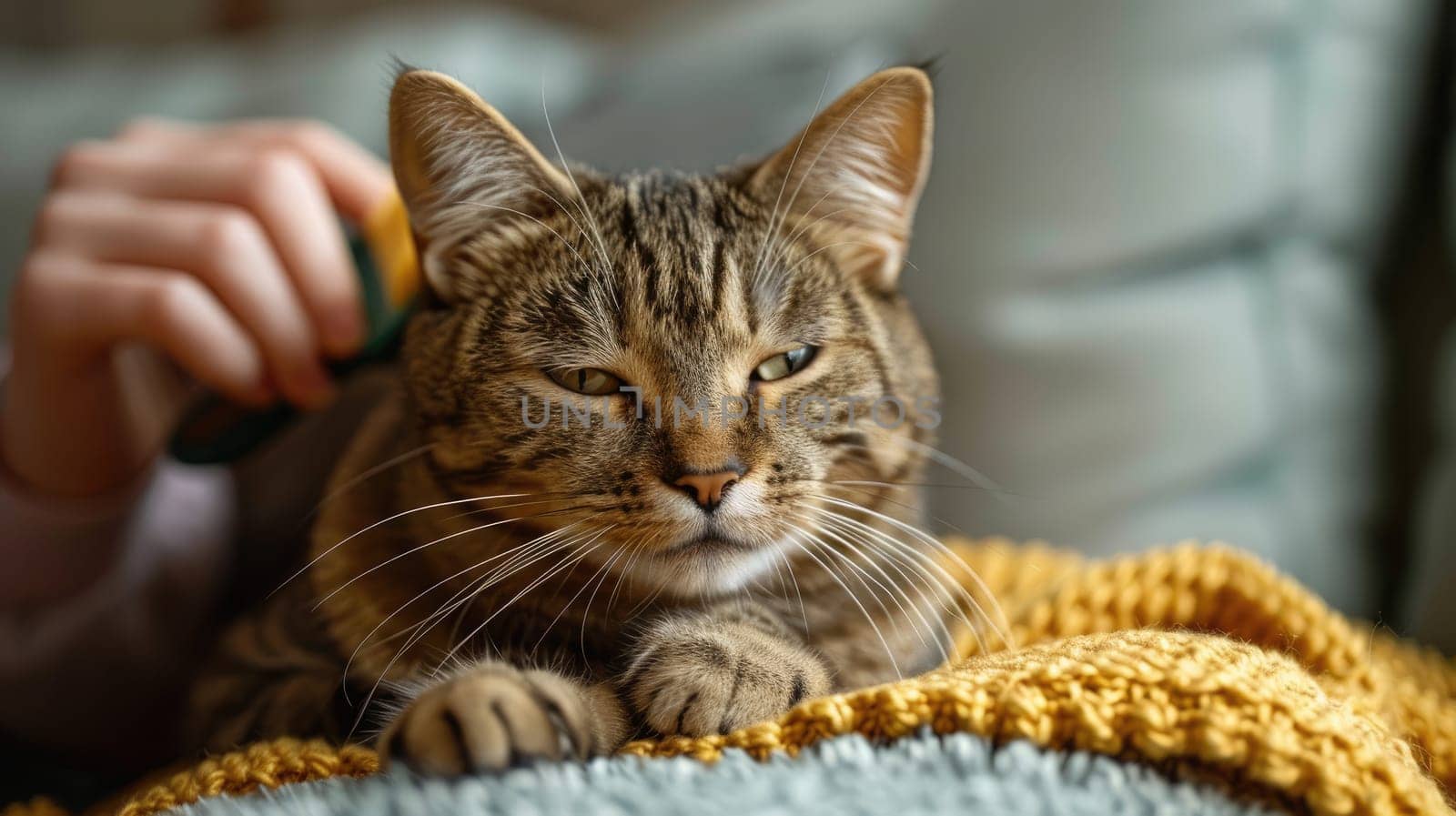 A cat being brushed by its owner on a couch, Regular grooming in pet care, Pet's health and well being.