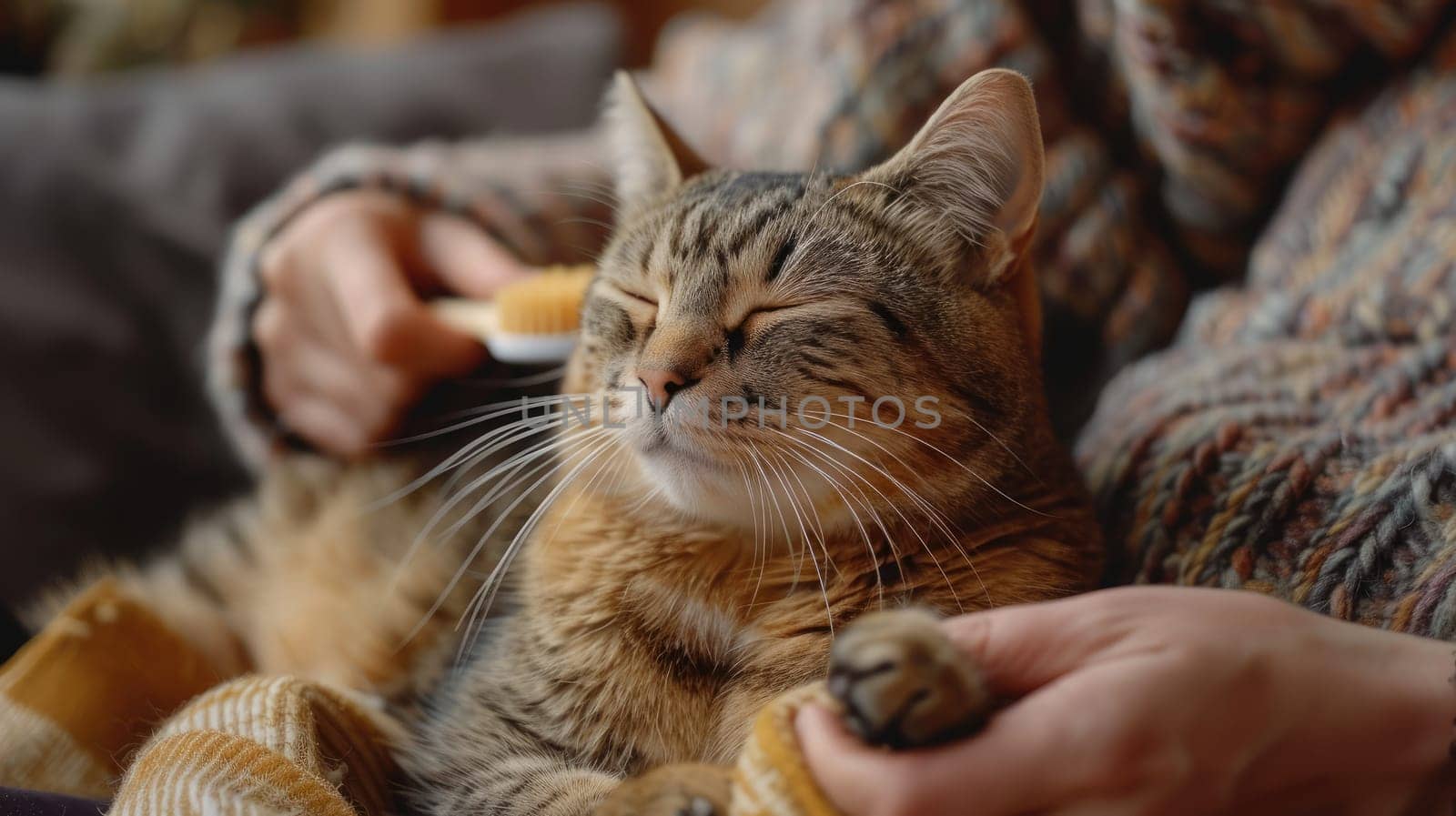 A cat being brushed by its owner on a couch, Regular grooming in pet care, Pet's health and well being.